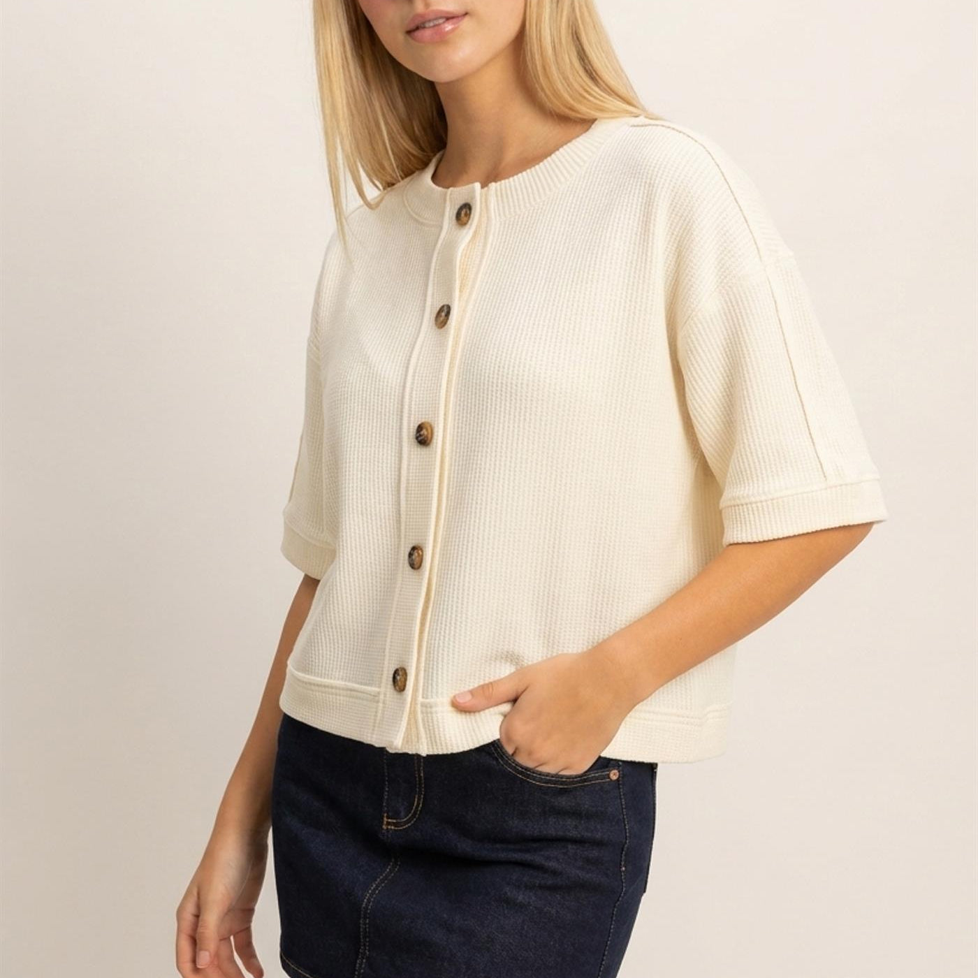 Wholesale Button-Down Short Sleeve Waffle Top Clothing Tops DZ26F244 CREAM DOUBLE ZERO