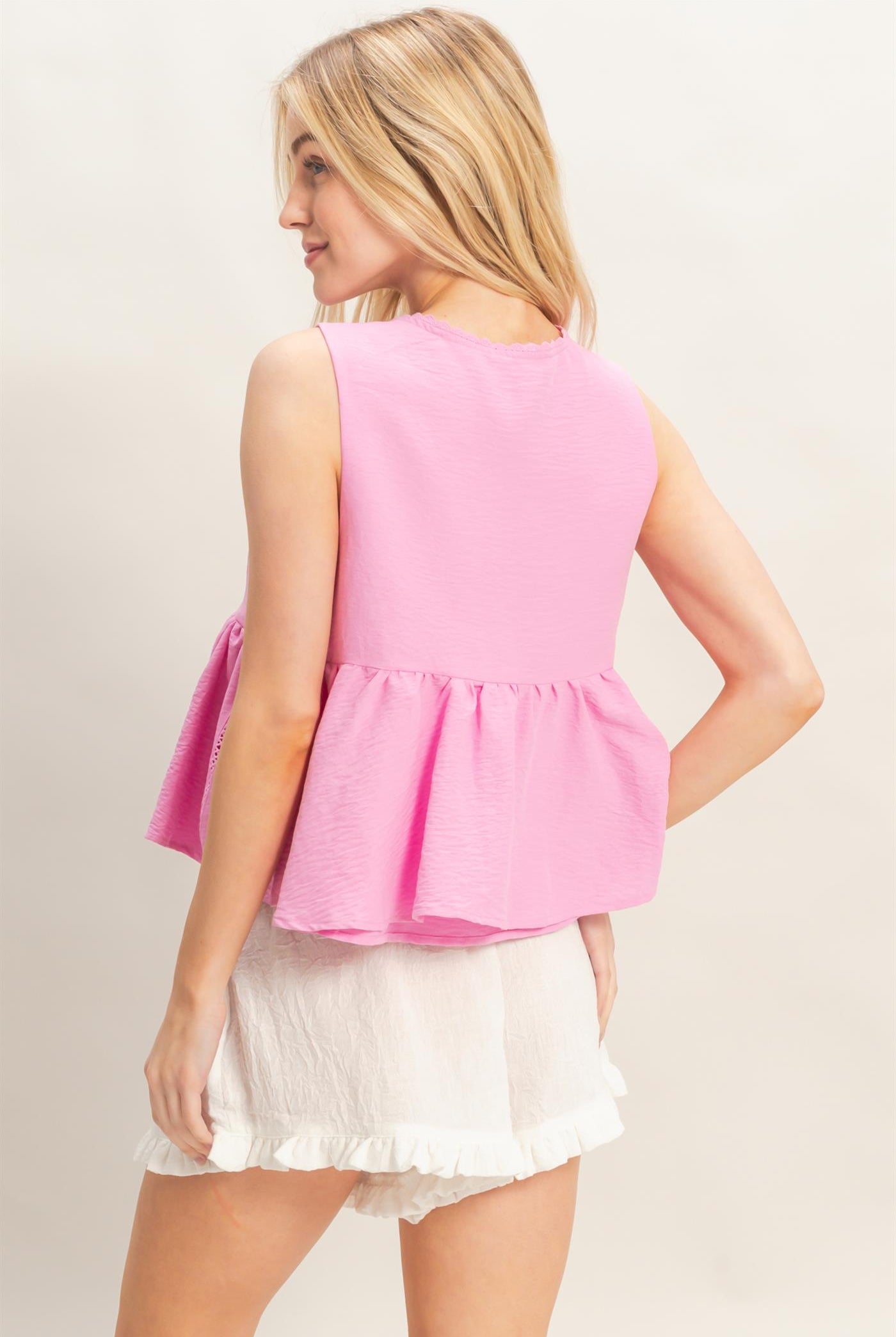 Wholesale Lace Trim Tie Front Top Clothing Tops HF26C100-D FONDANT PINK HYFVE