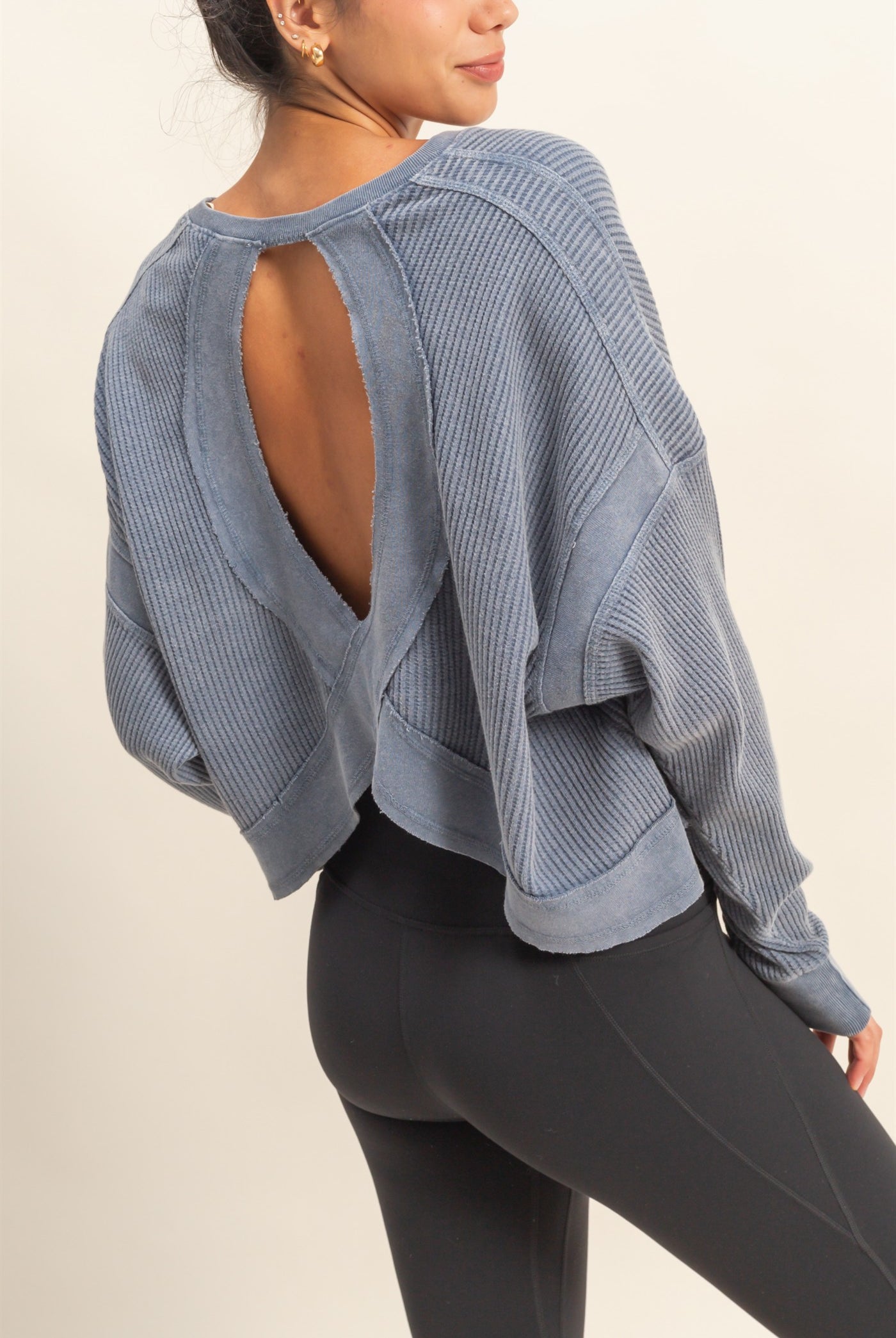 Wholesale Open Back Textured Knit Long Sleeve Top Clothing Tops DZ26A626 DUSTY NAVY DOUBLE ZERO