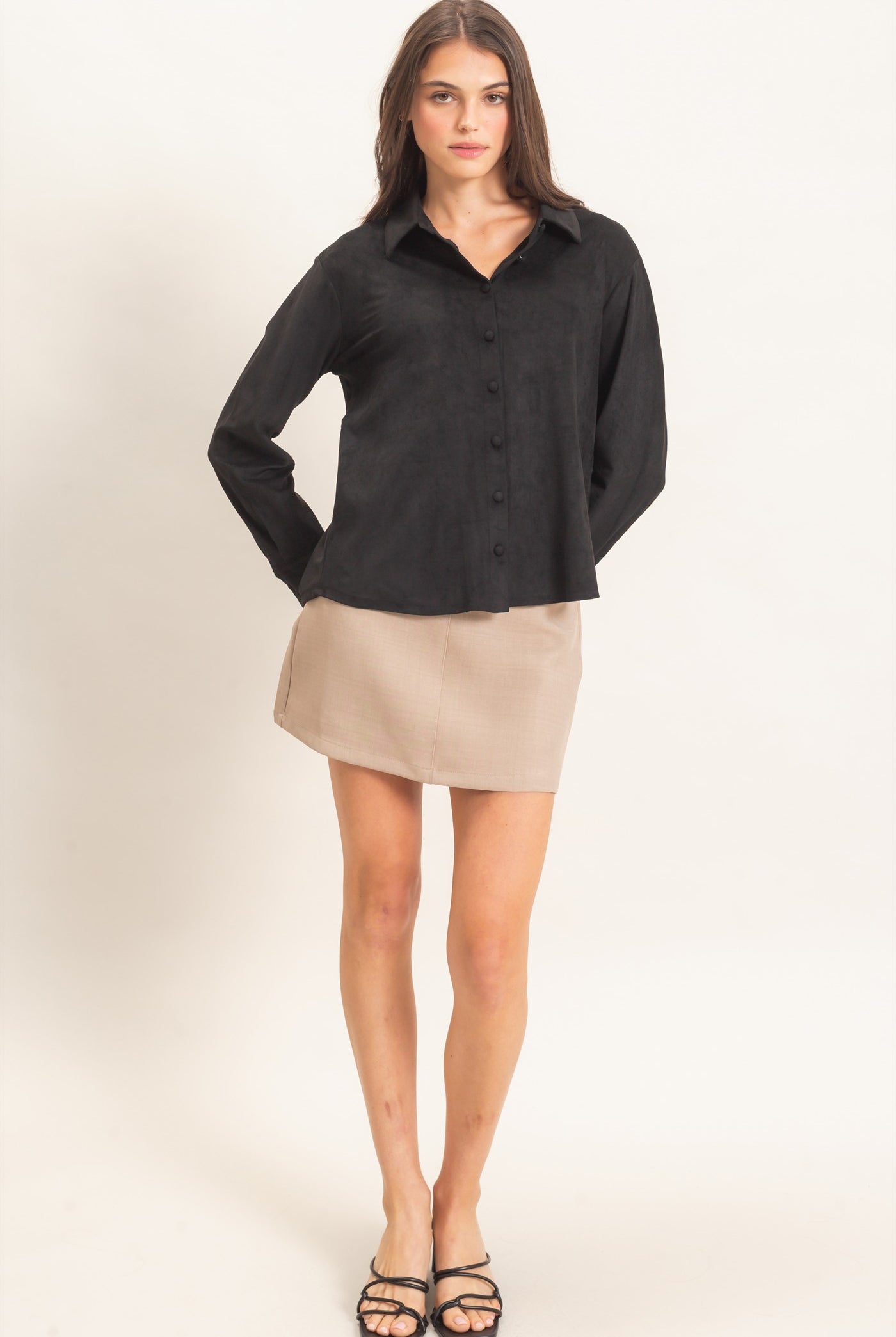 Wholesale Suede Button-Up Shirt Shirts HF26F083 BLACK HYFVE