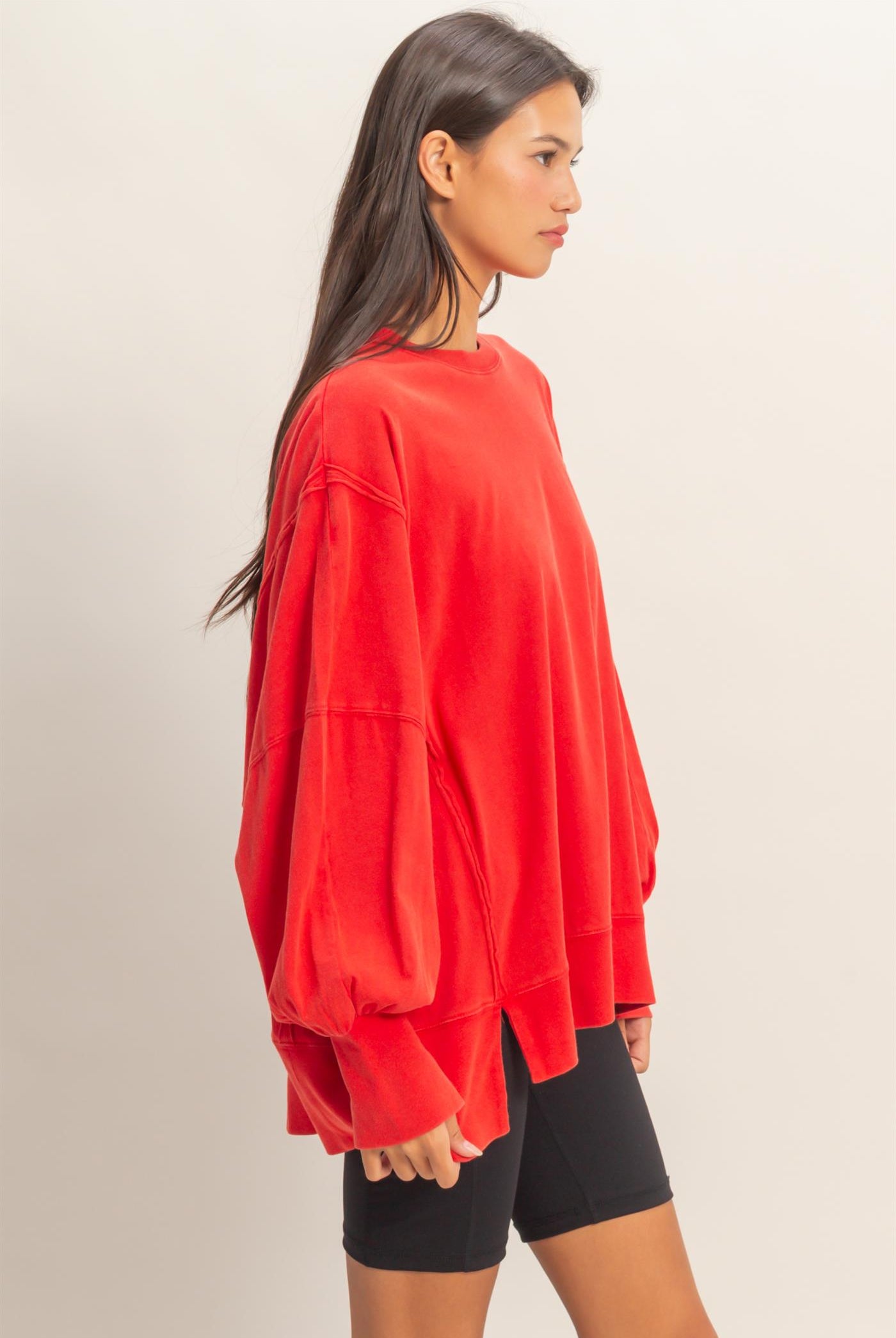 Wholesale Oversized Seam Detail Long Sleeve Top Sweatshirts DZ26C774 RED DOUBLE ZERO