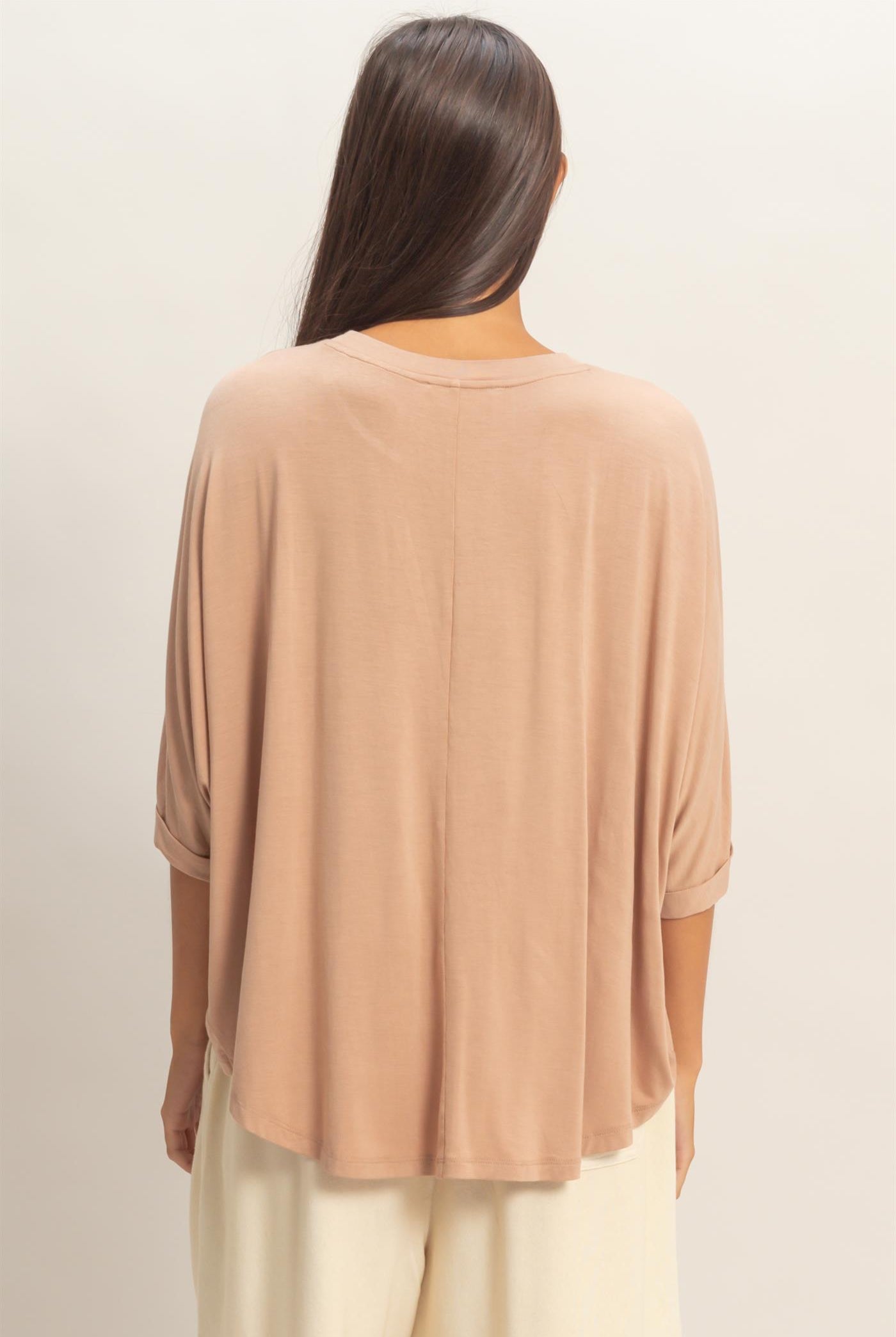 Wholesale Relaxed High-Low Batwing Sleeve Top Shirts DZ26A742 DARK TAUPE DOUBLE ZERO