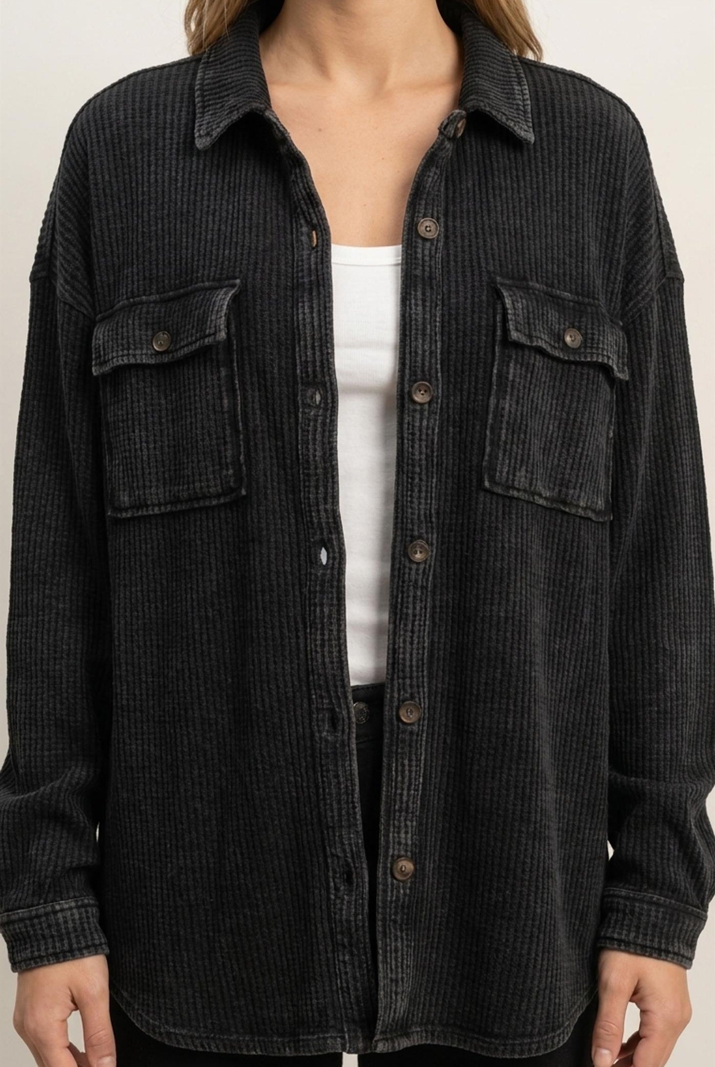 Wholesale Mineral Wash Waffle Knit Button-Up Shacket Coats & Jackets DZ26E249 BLACK DOUBLE ZERO