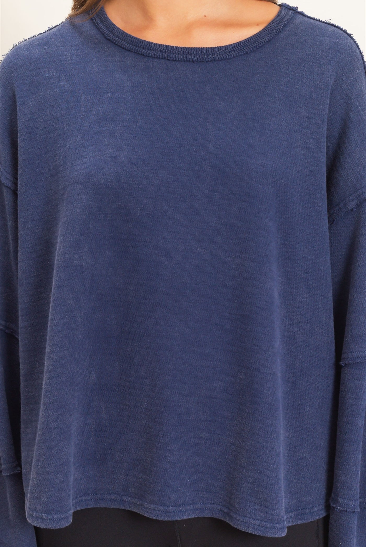 Wholesale Mineral Wash Overzised Raw Edge Crew Neck Top Clothing Tops DZ26E449 NAVY DOUBLE ZERO