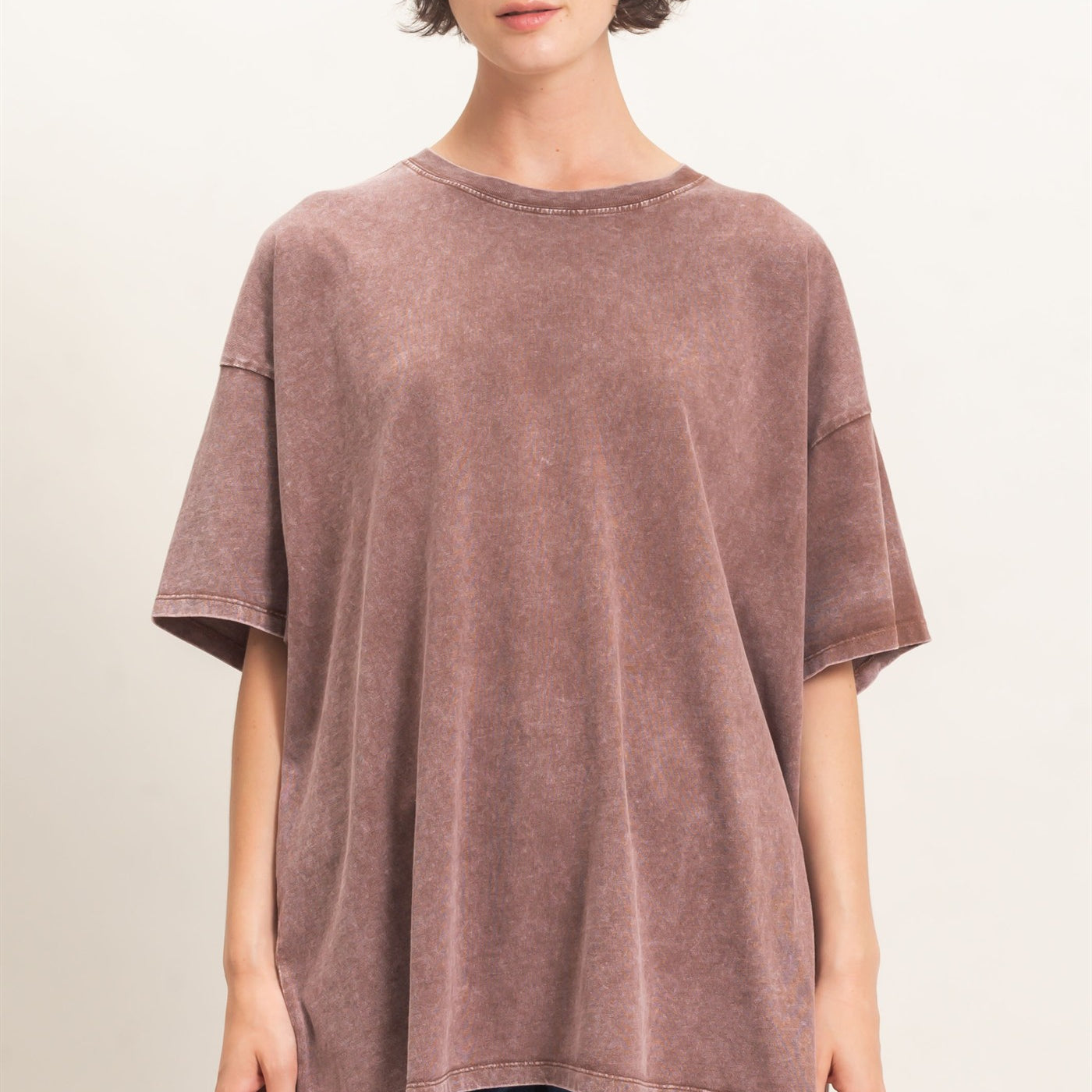 Wholesale Mineral Wash Oversized Crew Neck T-Shirts Clothing Tops DZ26C961 DARK BROWN DOUBLE ZERO