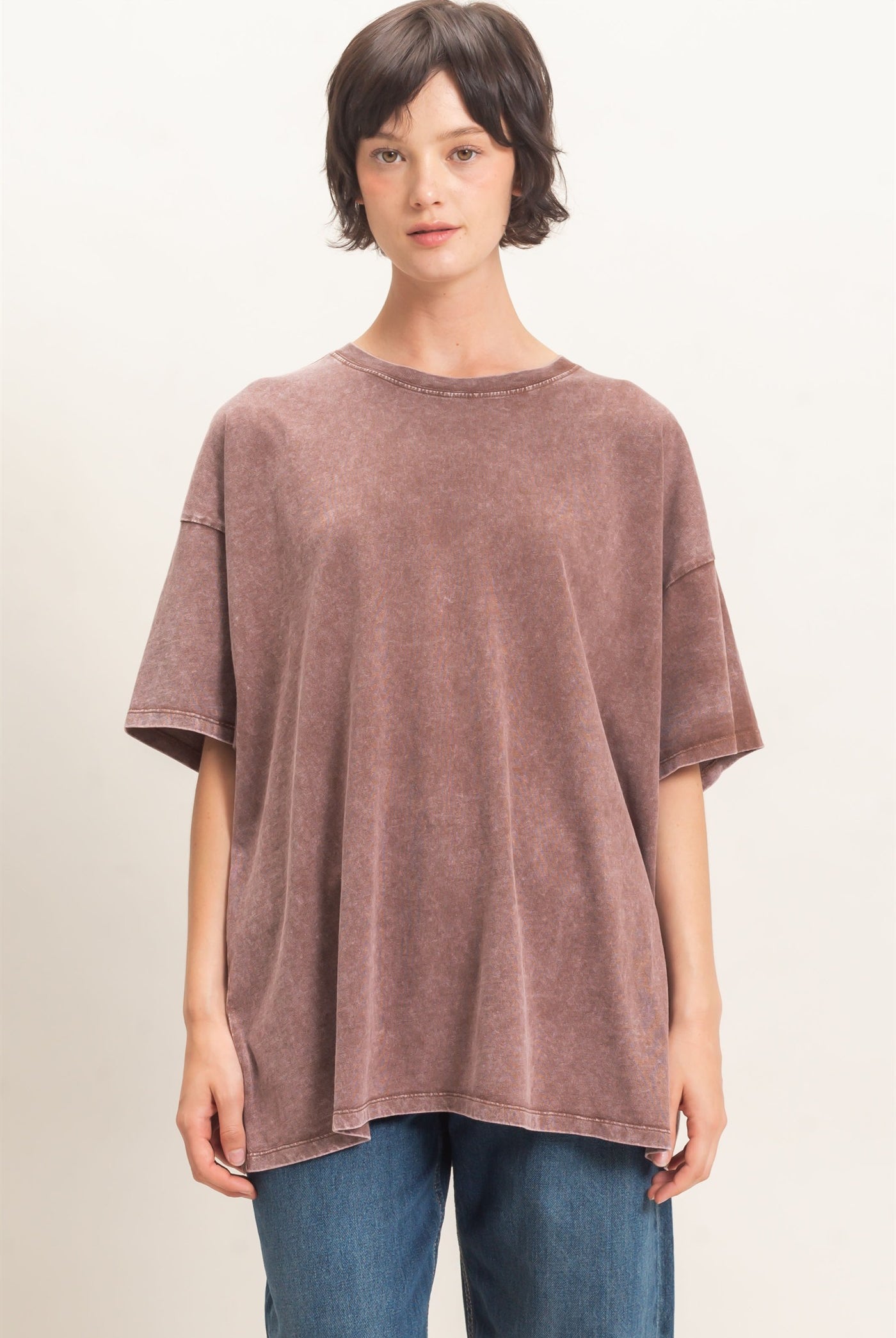 Wholesale Mineral Wash Oversized Crew Neck T-Shirts Clothing Tops DZ26C961 DARK BROWN DOUBLE ZERO