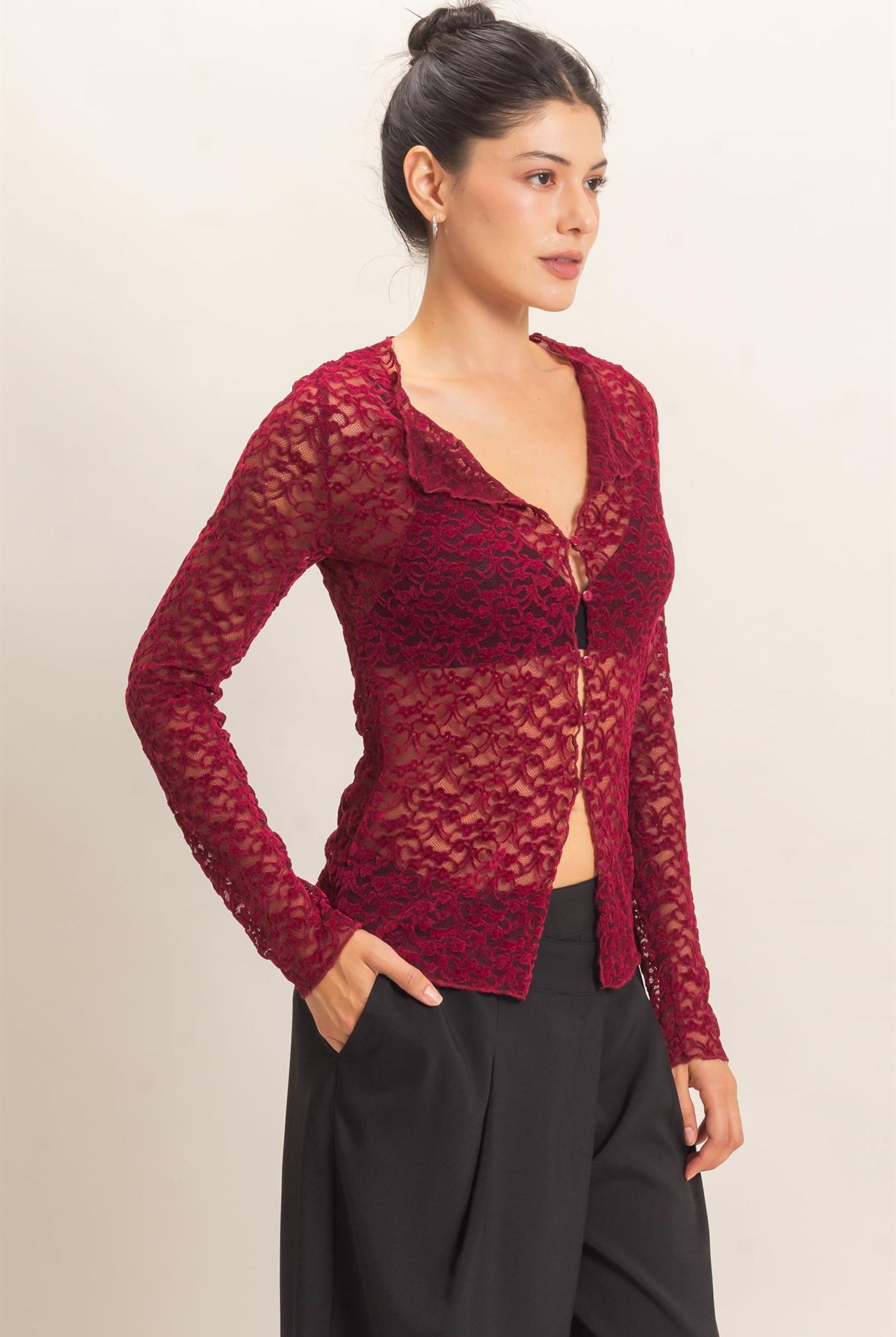 Wholesale Flocked Lace Long Sleeve Cardigan Clothing Tops HF26E415 BURGUNDY HYFVE