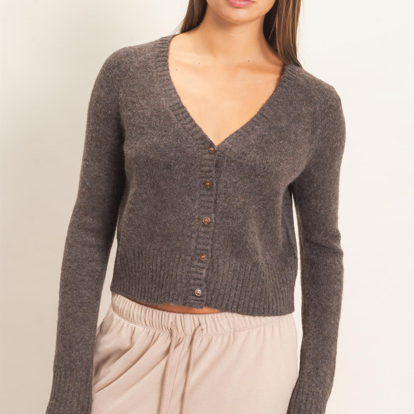 Wholesale V-Neck Cardigan Cardigans DZ26E326 DARK BROWN DOUBLE ZERO