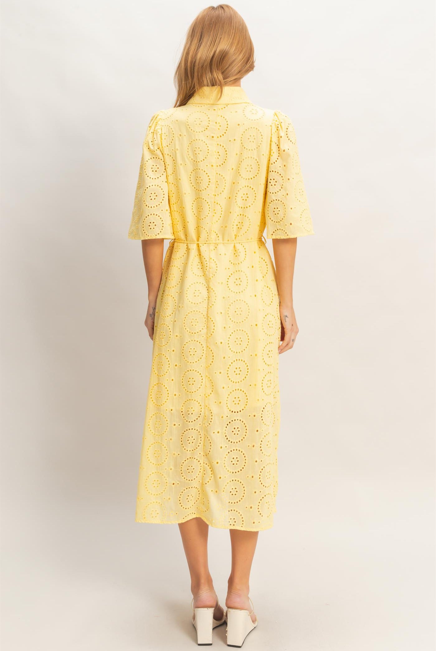 Wholesale Eyelet Collared Midi Dress Dresses HF26A021 YELLOW HYFVE