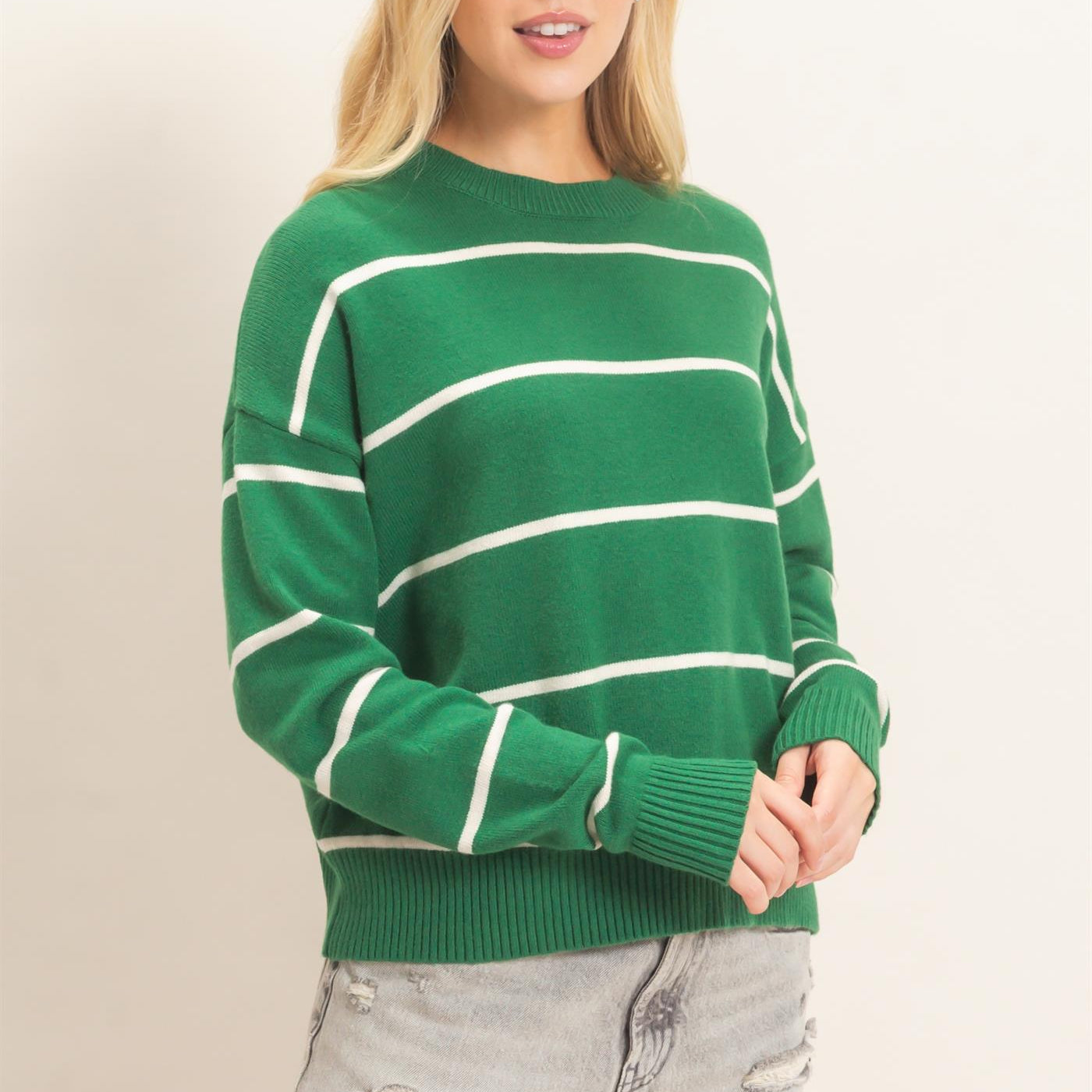 Wholesale Striped Ribbed Crew Neck Sweater Sweaters HF26F169 GREEN HYFVE