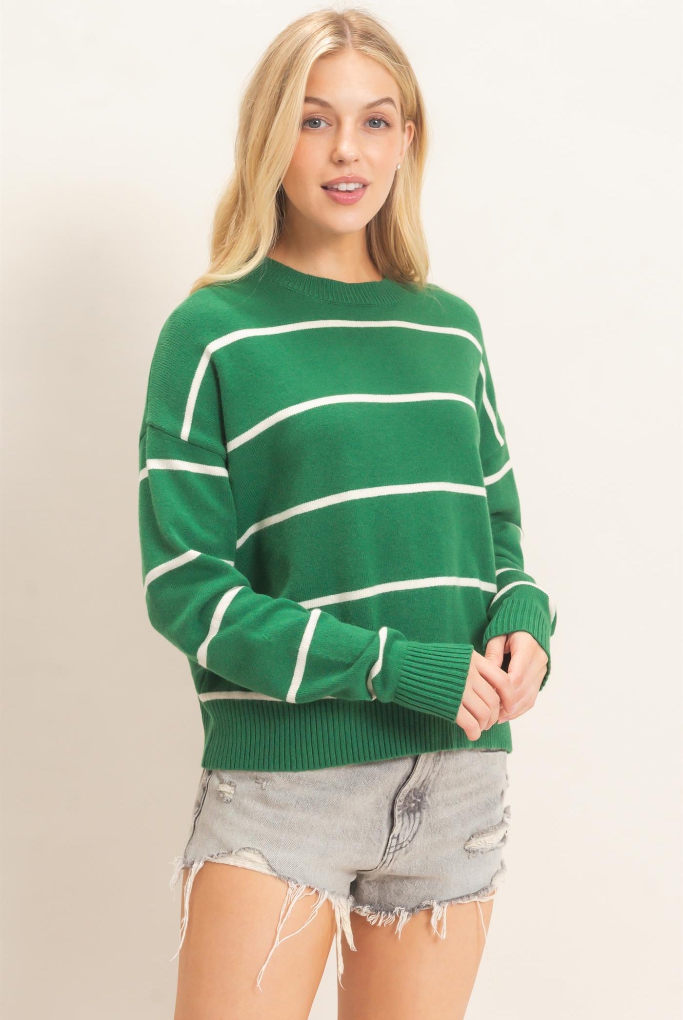 Wholesale Striped Ribbed Crew Neck Sweater Sweaters HF26F169 GREEN HYFVE