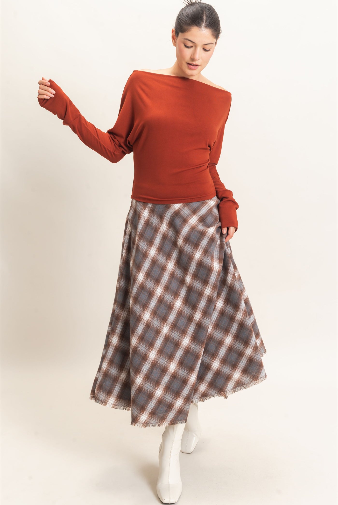 Wholesale Wide Boat Neck Dolman Sleeve Top Shirts HF26C883 BURNT SIENNA HYFVE