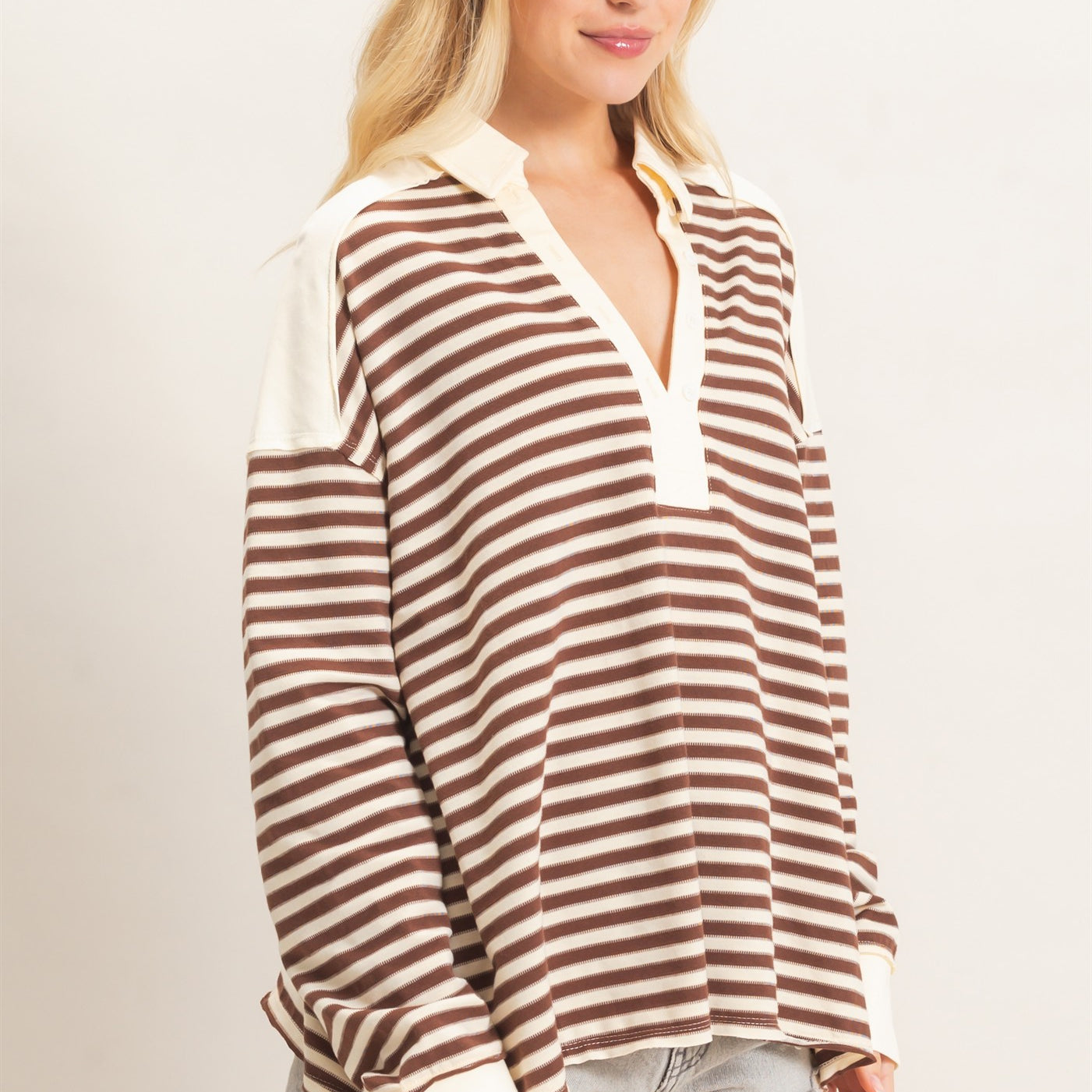 Wholesale Striped Henley Sweatshirt Clothing Tops HF26F089 CHESTNUT HYFVE