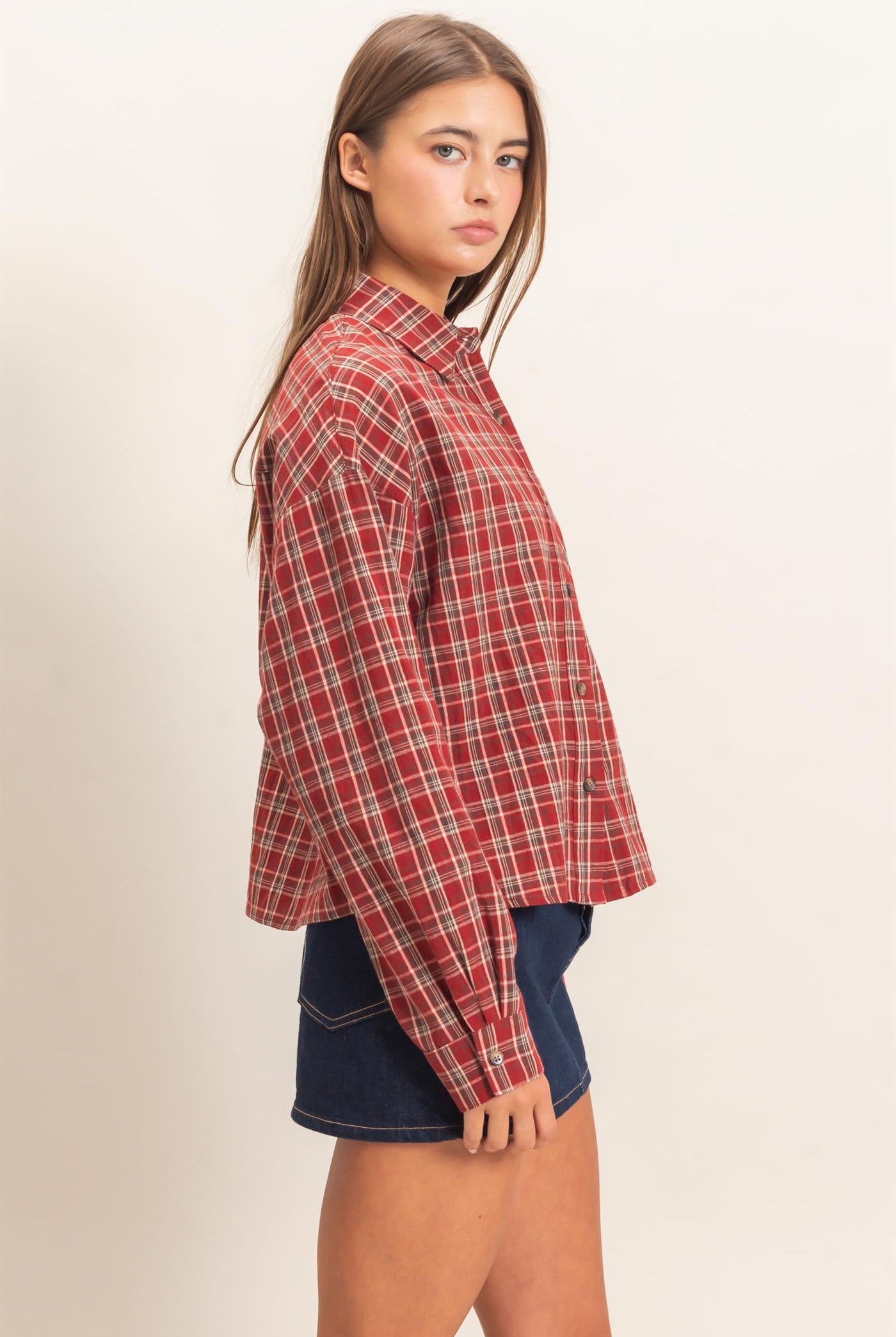 Wholesale Plaid Button-Up Shirt Clothing Tops DZ26E395 DARK RED DOUBLE ZERO