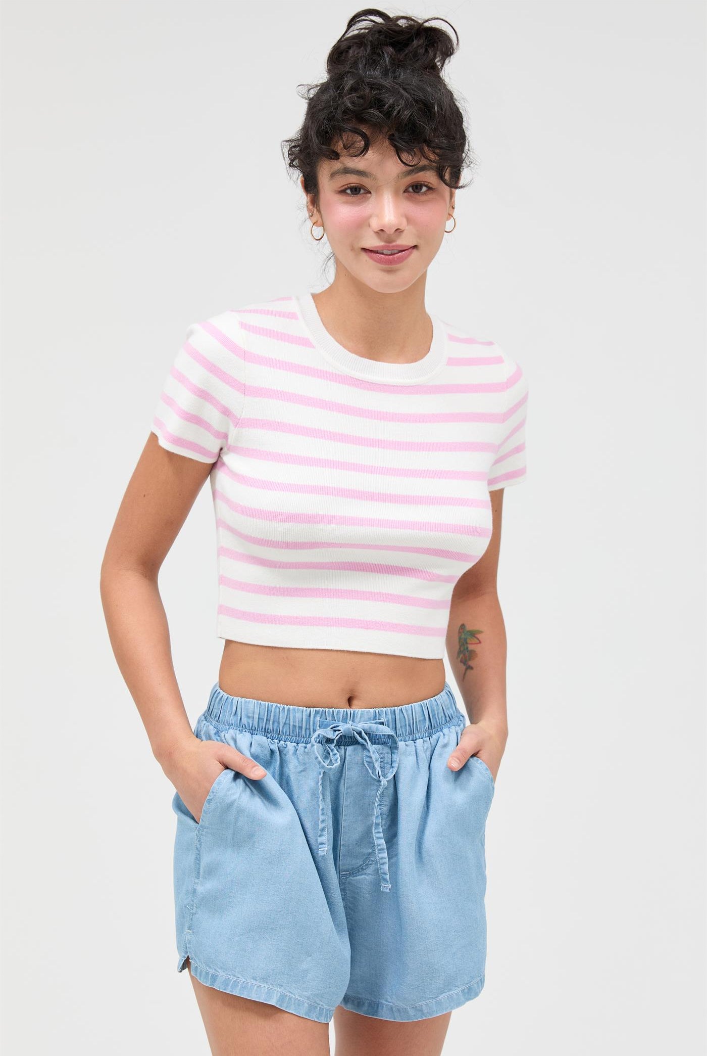 Wholesale Striped And Knit Crew Neck Crop Top Clothing Tops DZ26A139 PINK DOUBLE ZERO