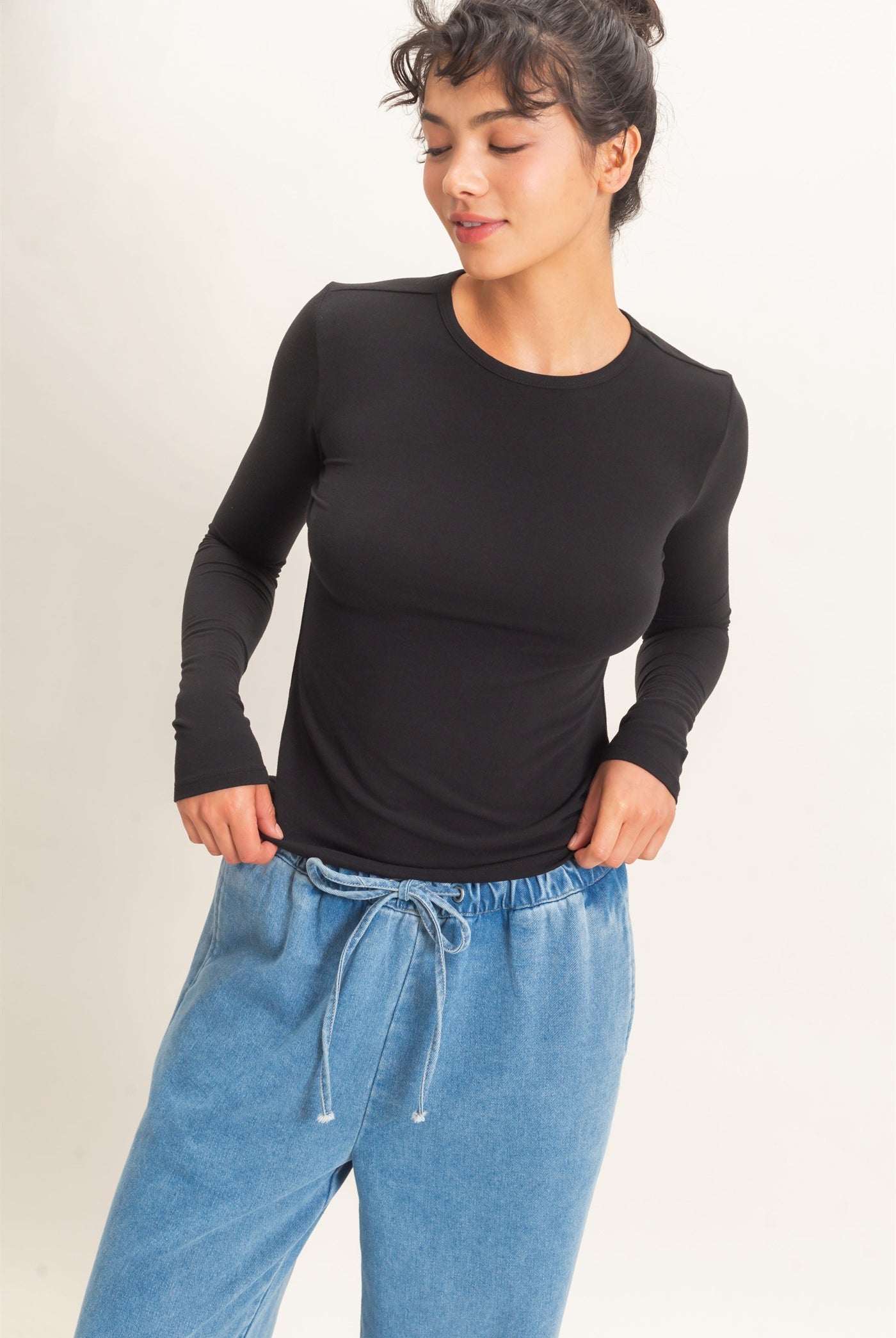 Wholesale Crew Neck Long Sleeve Top Clothing Tops DZ26E258 BLACK DOUBLE ZERO