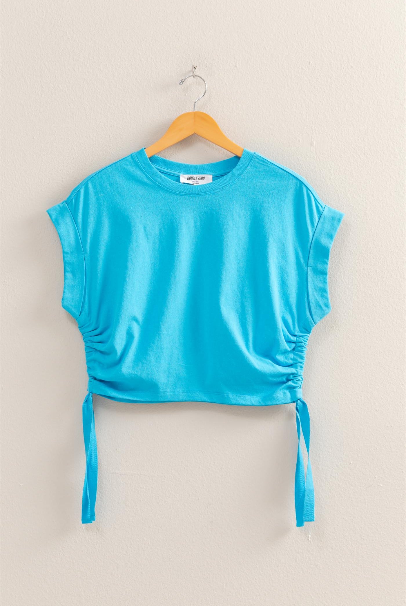 Wholesale Short Sleeve Side Tie Detail Top Clothing Tops DZ25C113 AQUA BLUE DOUBLE ZERO