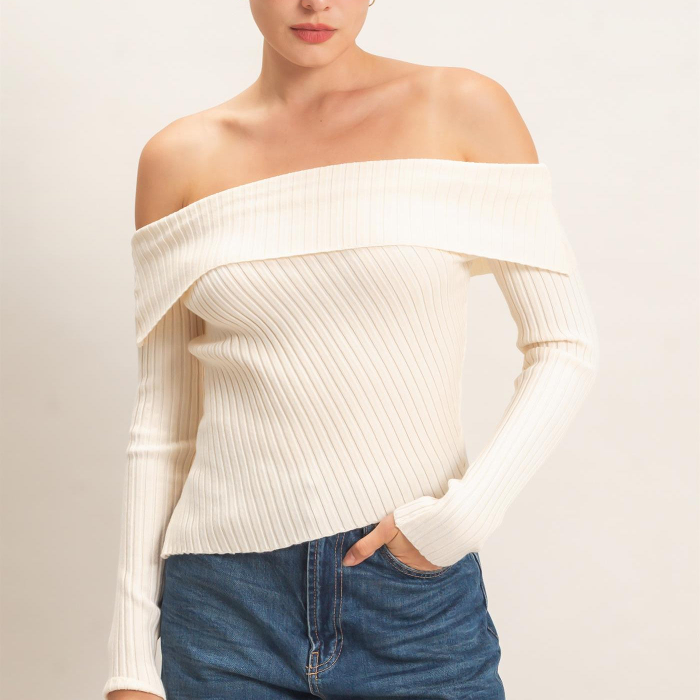 Wholesale Ribbed Off-Shoulder Sweater Sweaters HF26E937 CREAM HYFVE