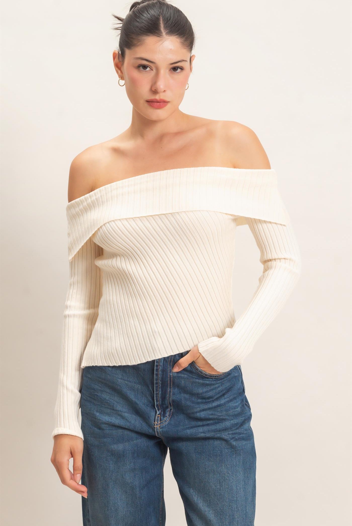 Wholesale Ribbed Off-Shoulder Sweater Sweaters HF26E937 CREAM HYFVE