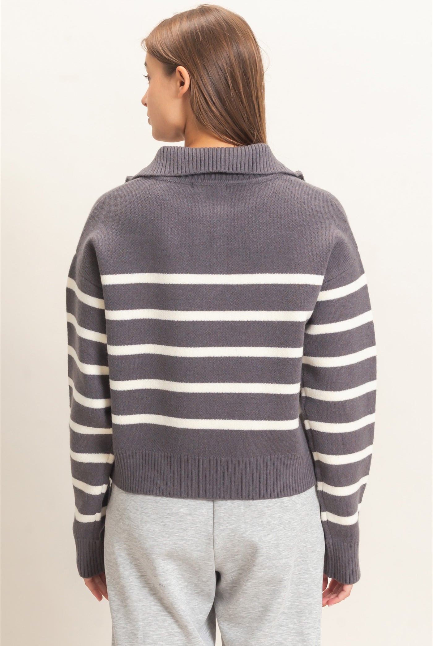 Wholesale Half-Zip Collared Stripe Sweater Sweaters DZ26E950 CHARCOAL DOUBLE ZERO