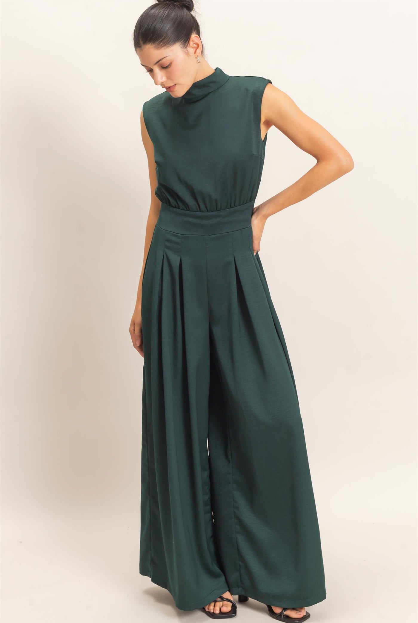 Wholesale Sleeveless Mock Neck Jumpsuit Clothing HF26F209-D D.GREEN HYFVE