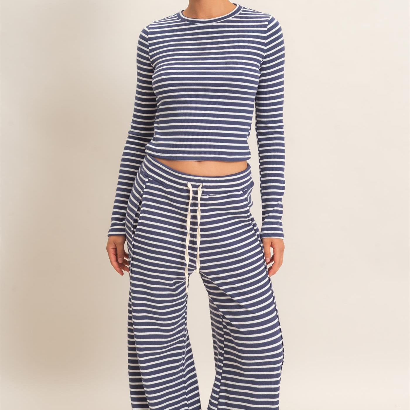 Wholesale Striped Waffle Long Sleeve Top & Pants Set Clothing DZ25F479-SET NAVY DOUBLE ZERO