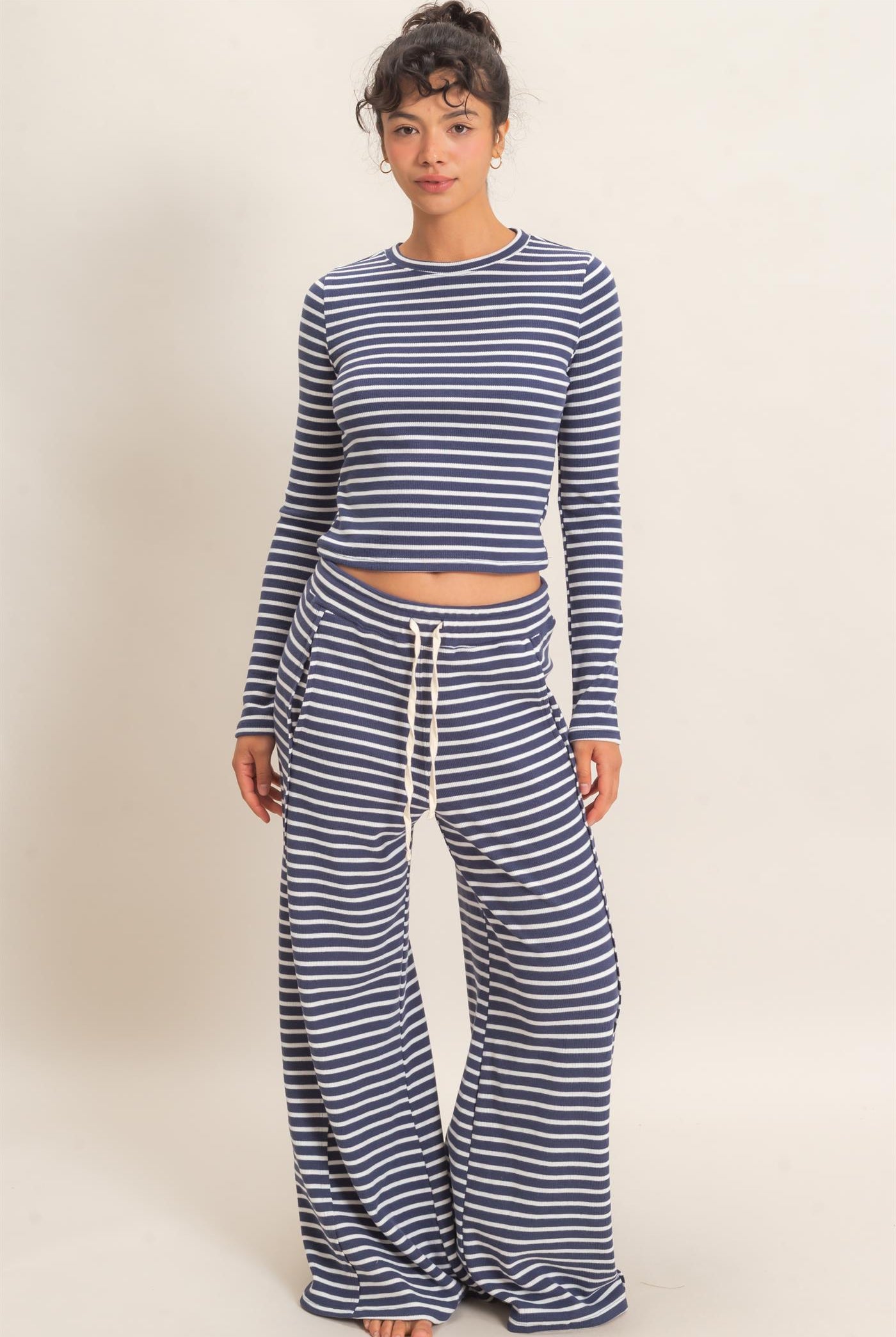 Wholesale Striped Waffle Long Sleeve Top & Pants Set Clothing DZ25F479-SET NAVY DOUBLE ZERO
