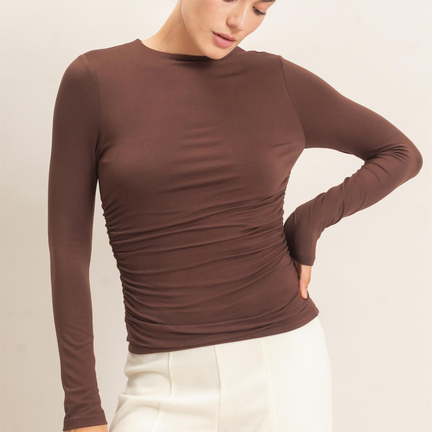 Wholesale Ruched Long Sleeve Top Clothing Tops HF26E776 ESPRESSO HYFVE