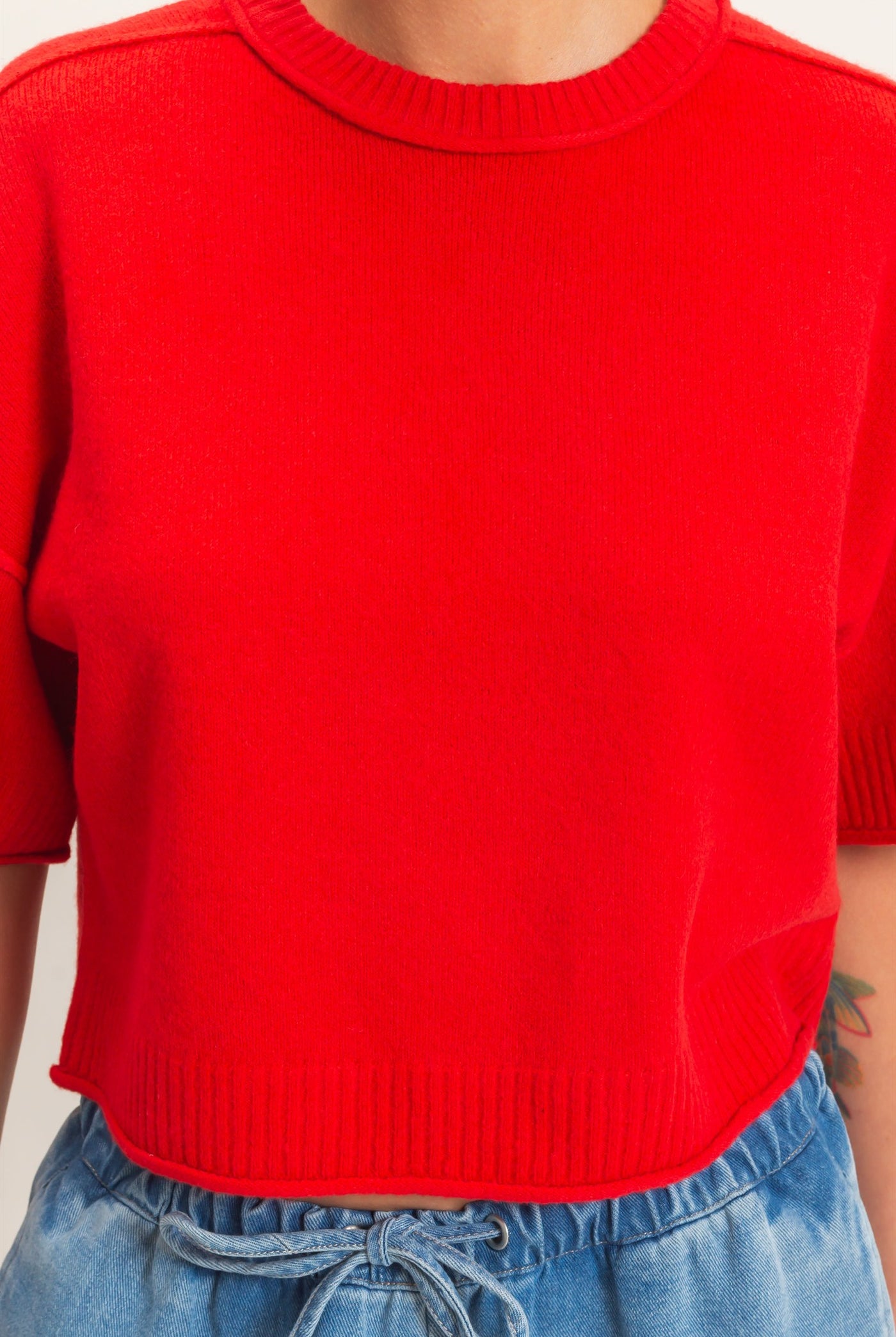 Wholesale Seam Detail Short Sleeve Knit Top Clothing Tops DZ26A827 RED DOUBLE ZERO