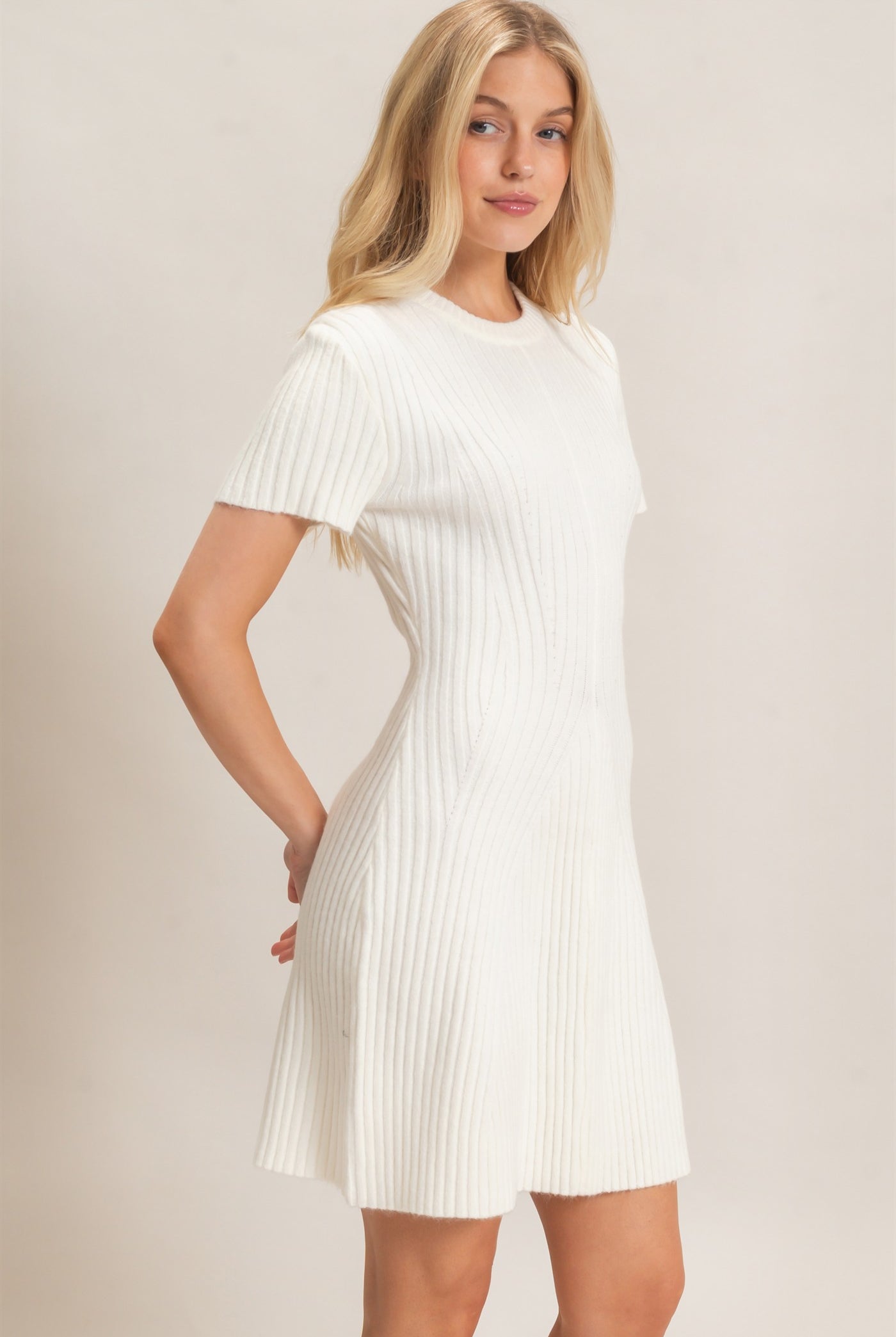 Wholesale Ribbed Crew Neck Dress Dresses HF26C989 CREAM HYFVE