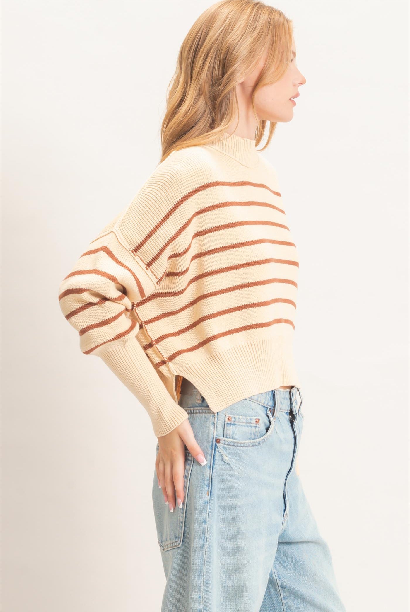 Wholesale Striped Mock Neck Cropped Sweater Sweaters HF26F192 BROWN HYFVE