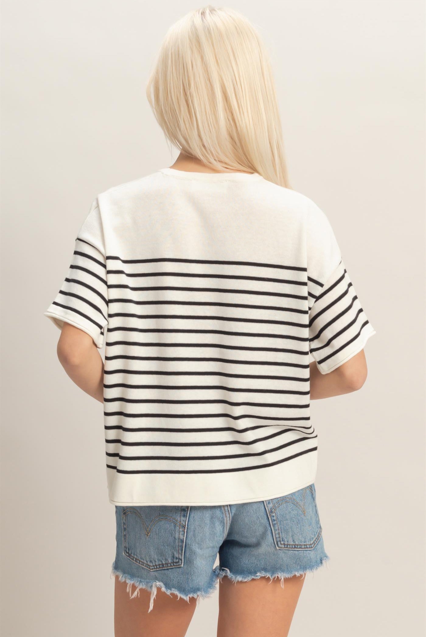Wholesale Striped Short Sleeve Knit Top Clothing Tops DZ26A838 BLACK DOUBLE ZERO