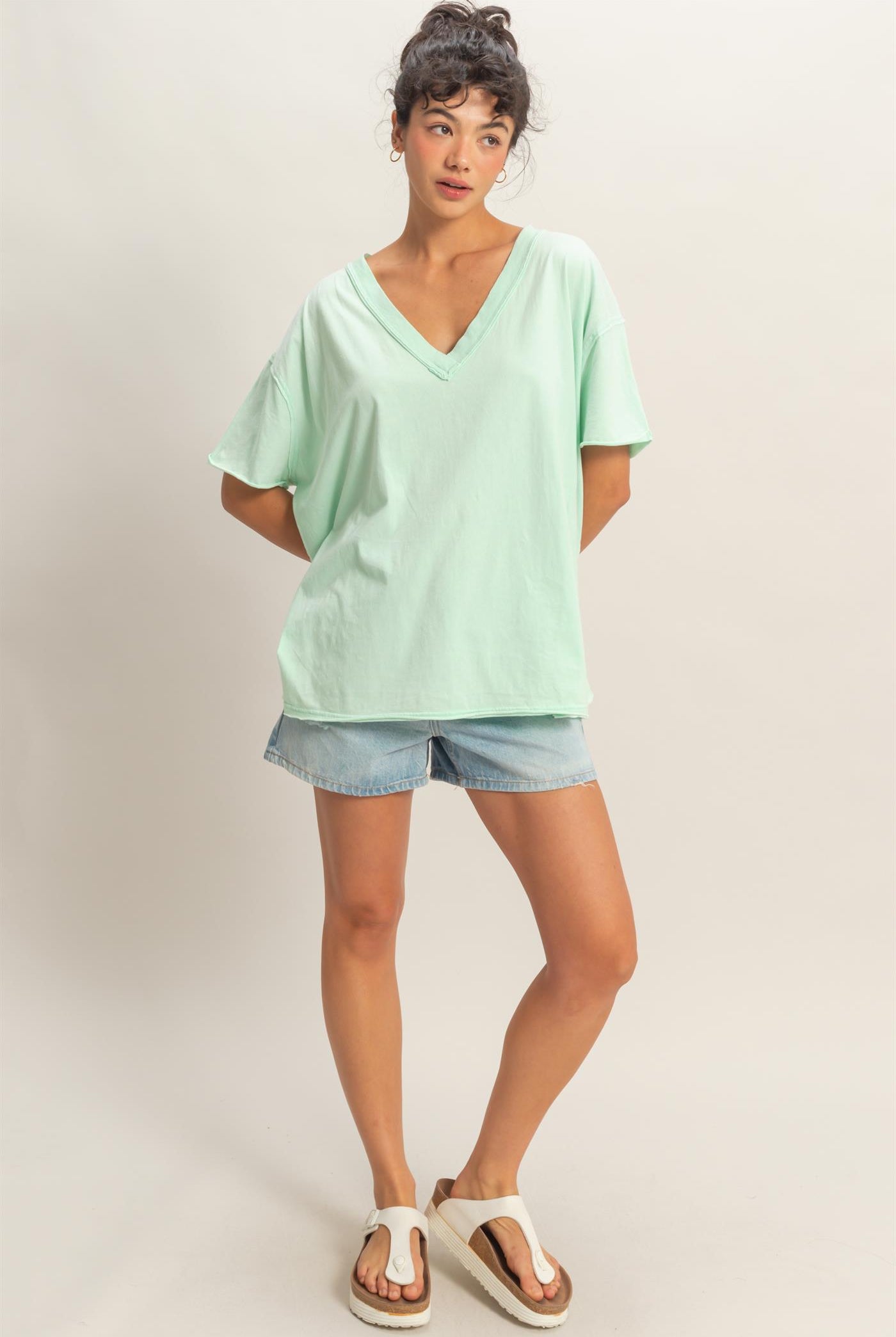 Wholesale Washed V-Neck Oversized Tee Clothing Tops DZ26A760 MINT DOUBLE ZERO