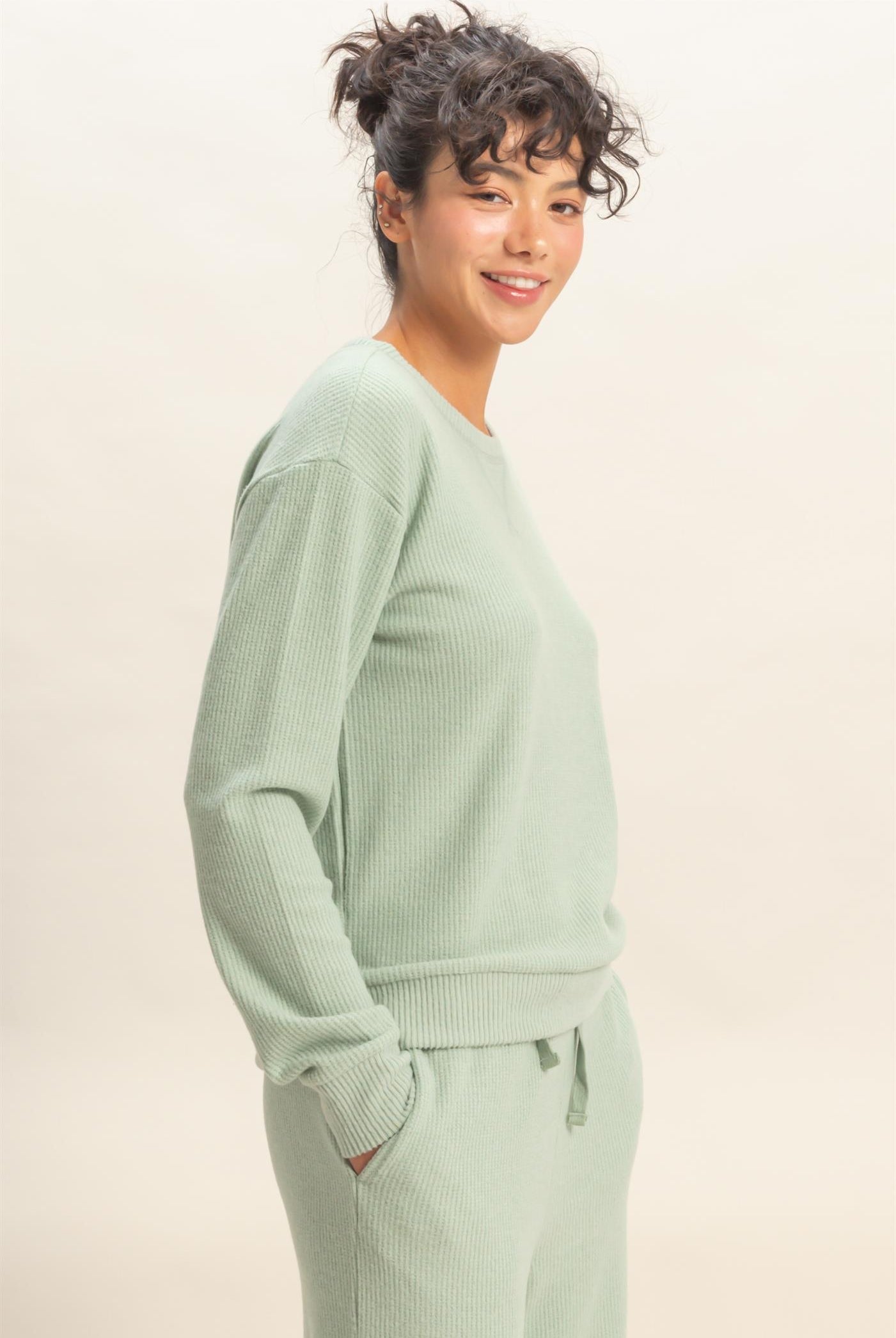 Wholesale Brushed Waffle Crew Neck Long Sleeve Top Clothing Tops DZ26A177 SAGE GREEN DOUBLE ZERO