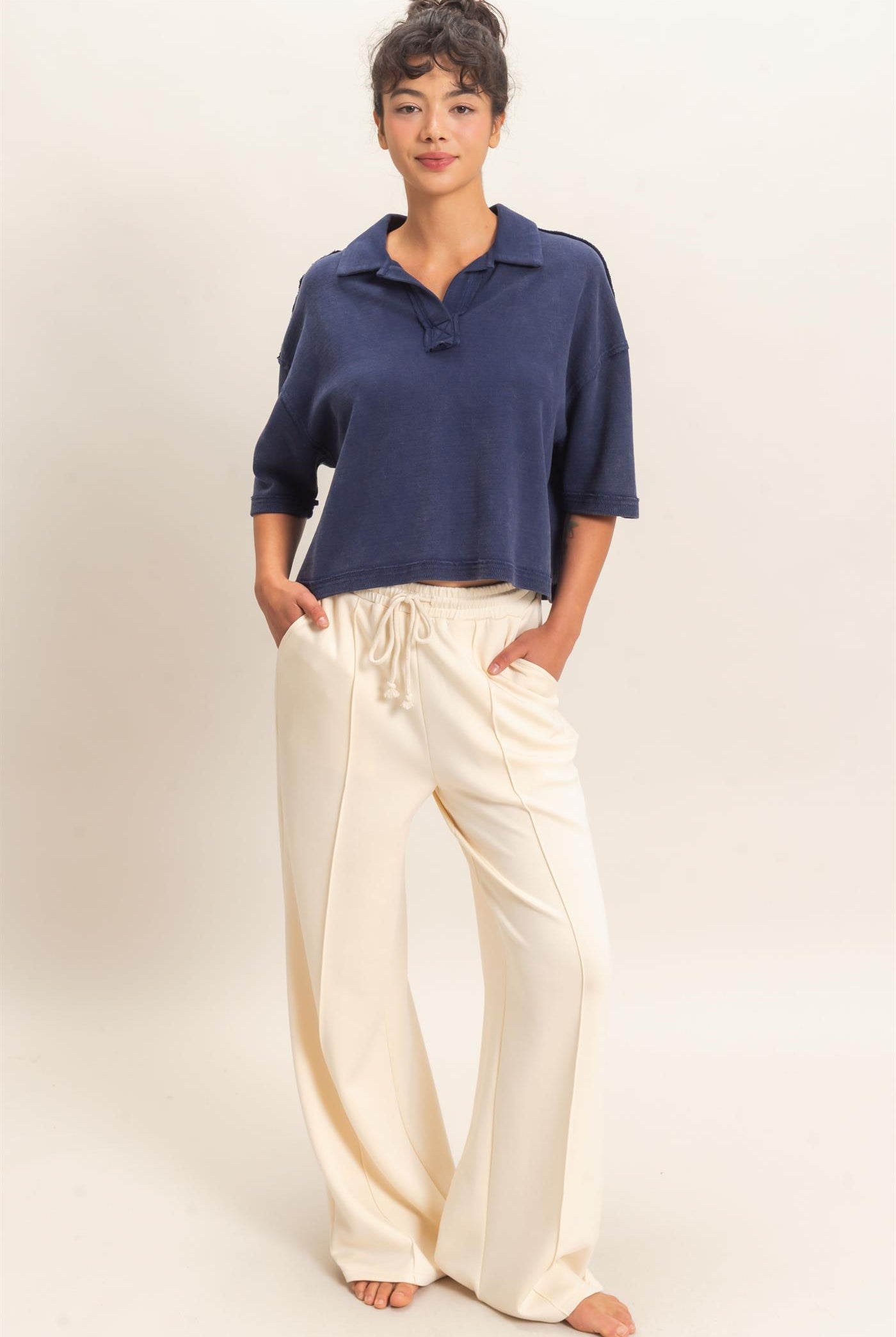 Wholesale Drawstring Waist Pintuck Wide Leg Pants Pants DZ26E384 ALPACA HYFVE