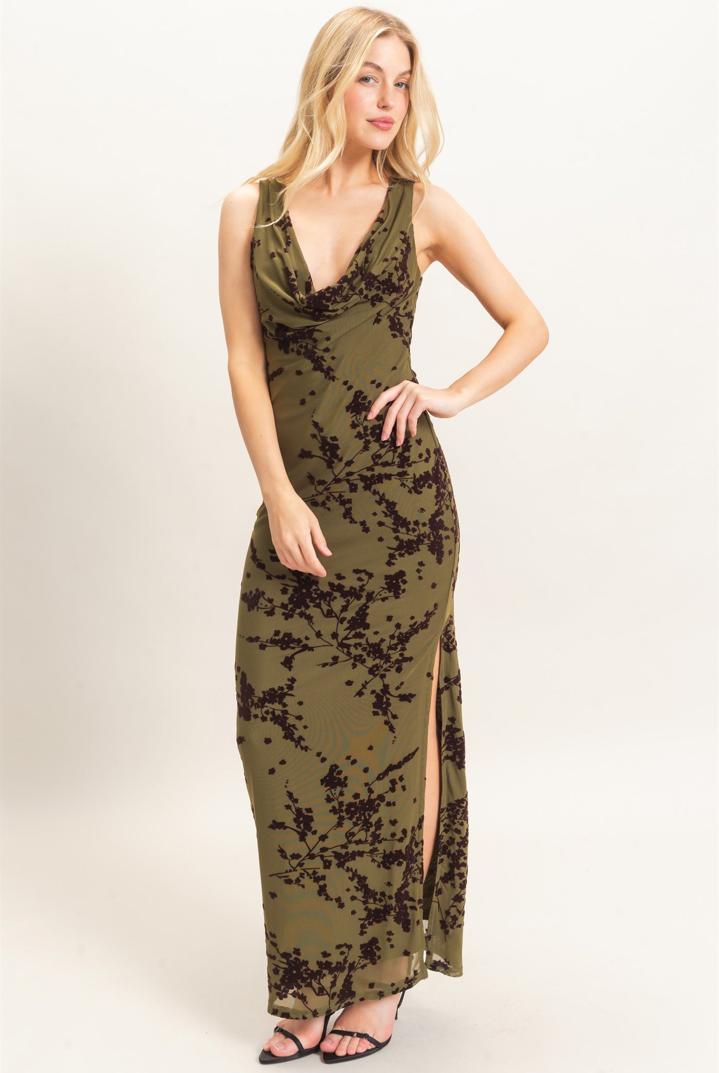 Wholesale Draped Cowl Neck Sleeveless Dress Dresses HF26C728 OLIVE HYFVE