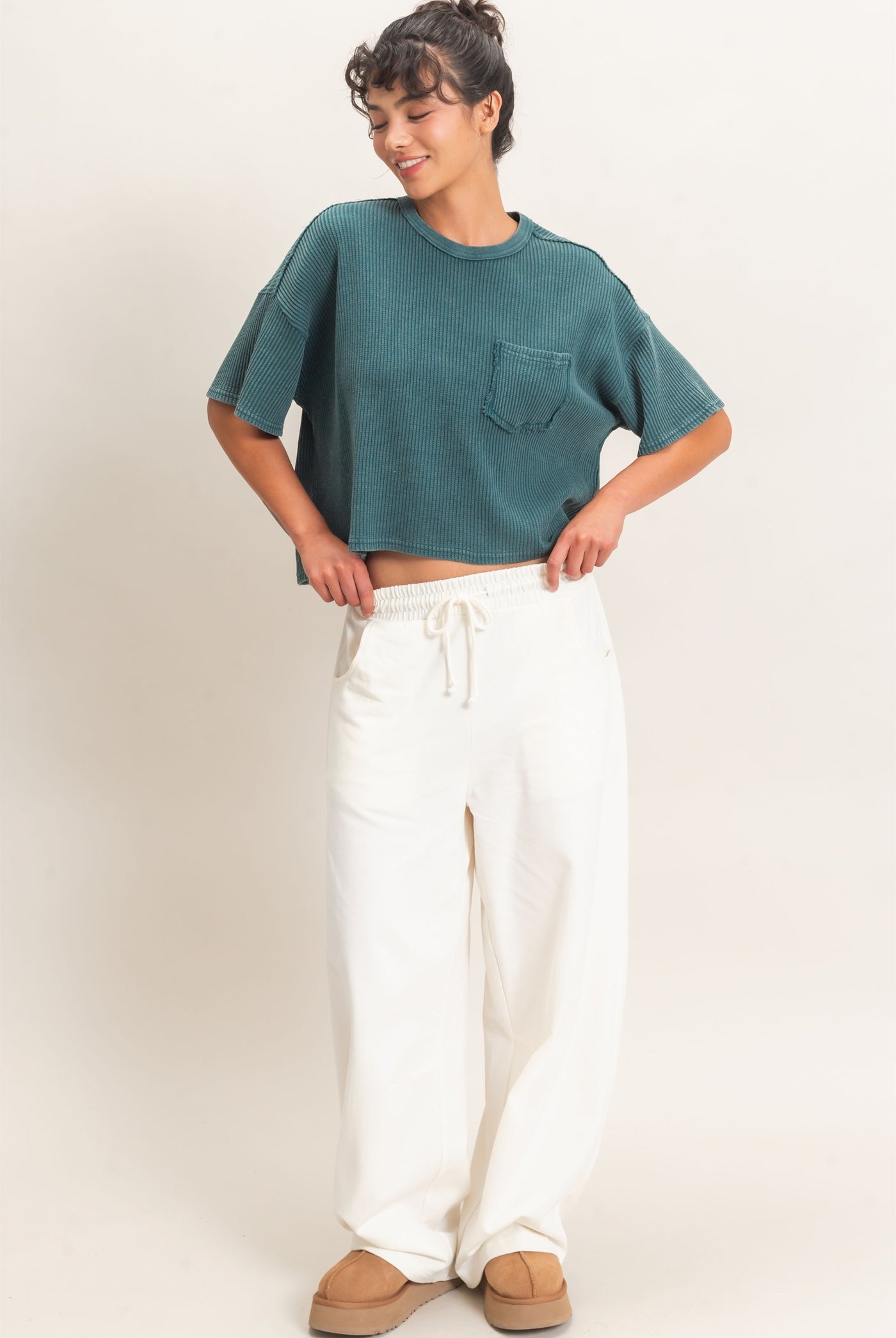 Wholesale Mineral Wash Waffle Knit Pocket Top Clothing Tops DZ26E222 DARK TEAL DOUBLE ZERO