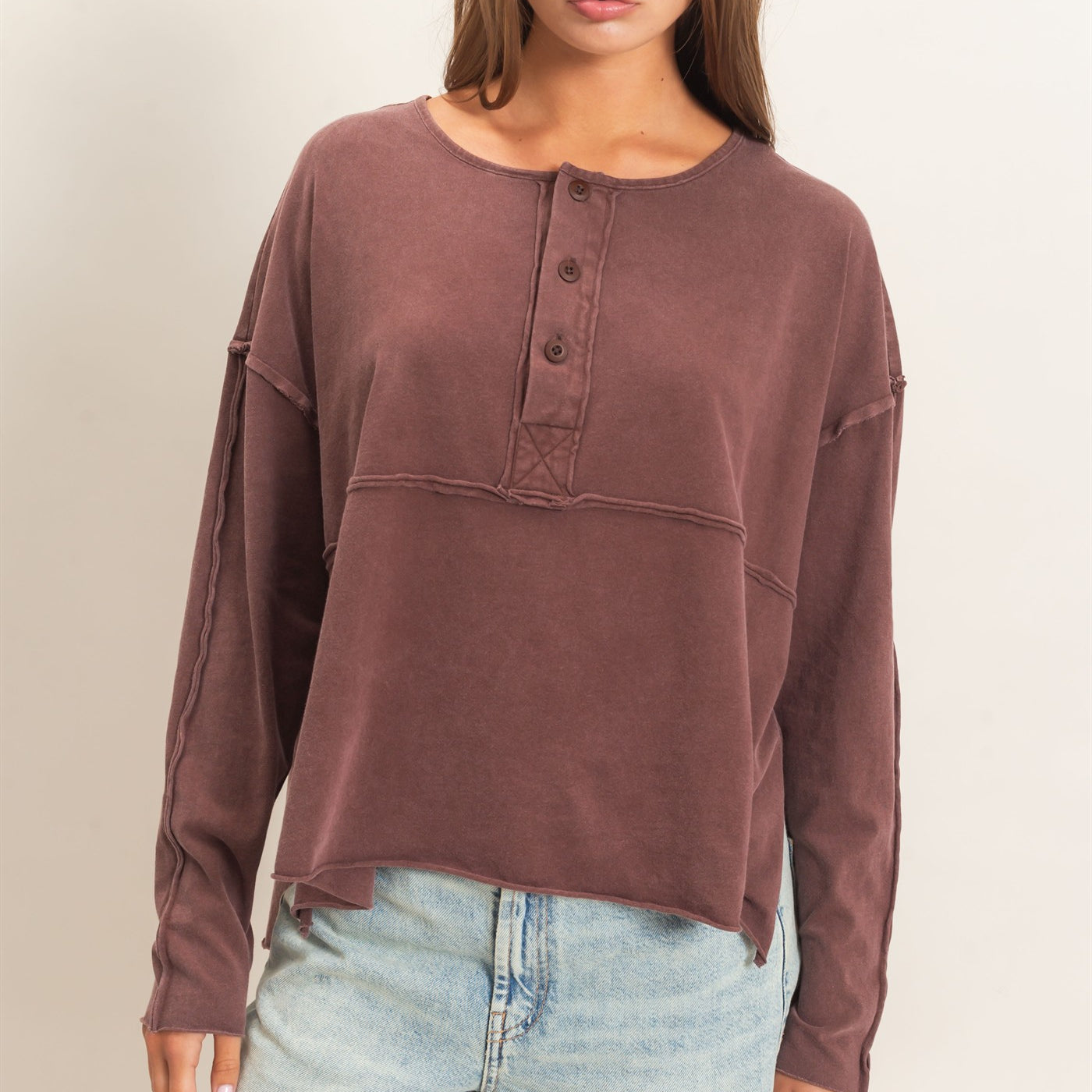 Wholesale Oversized Henley Top With Raw Edges Clothing Tops DZ26F128 DARK BROWN DOUBLE ZERO