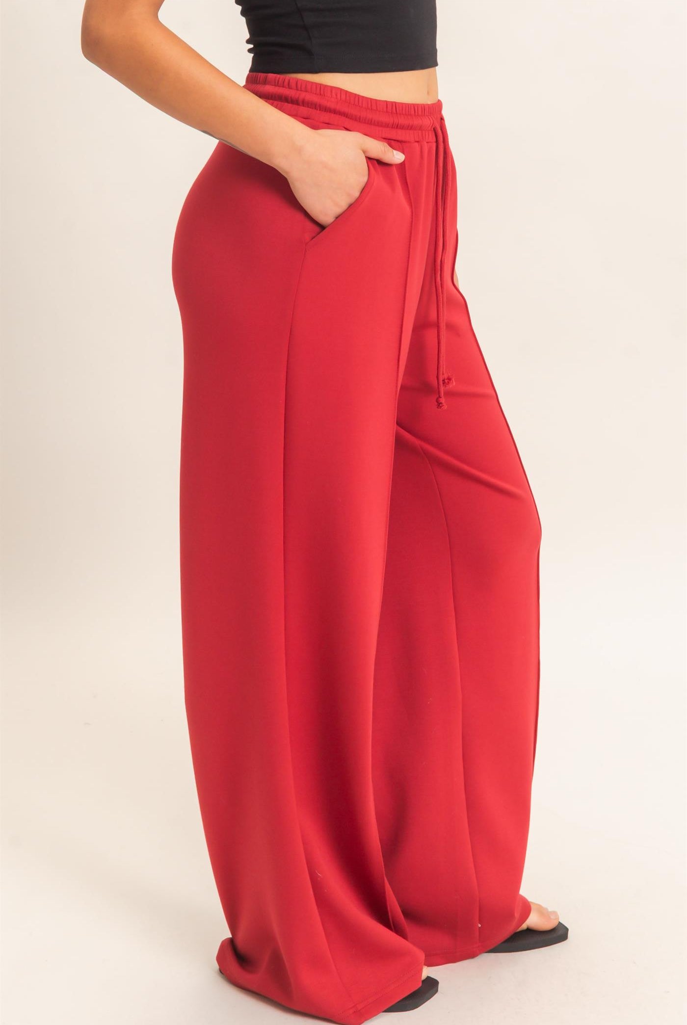 Wholesale Drawstring Waist Pintuck Wide Leg Pants Pants DZ26E384 DARK RED HYFVE