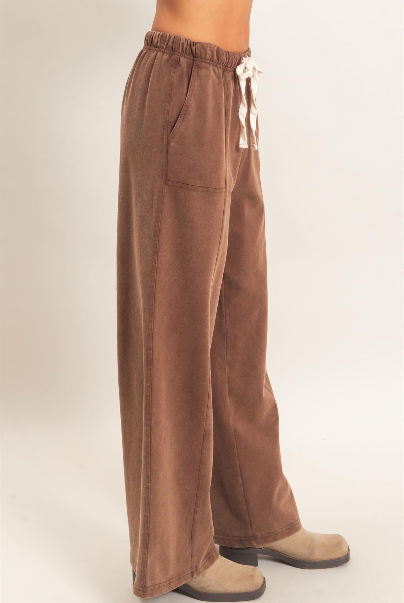 Wholesale Acid Wash Drawstring Waist Wide Leg Pants Pants DZ25A685 DARK BROWN DOUBLE ZERO