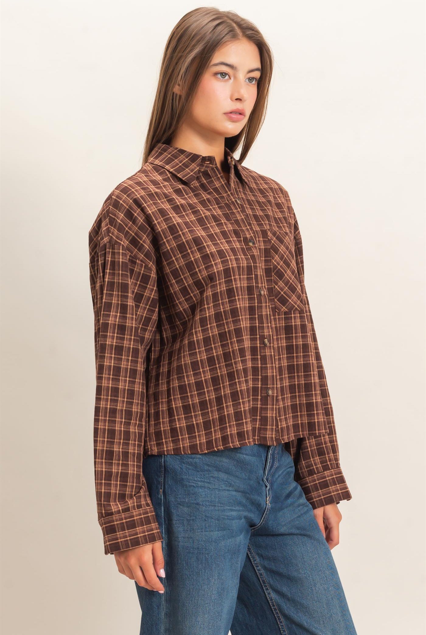 Wholesale Plaid Button-Up Shirt Clothing Tops DZ26E395 BROWN DOUBLE ZERO
