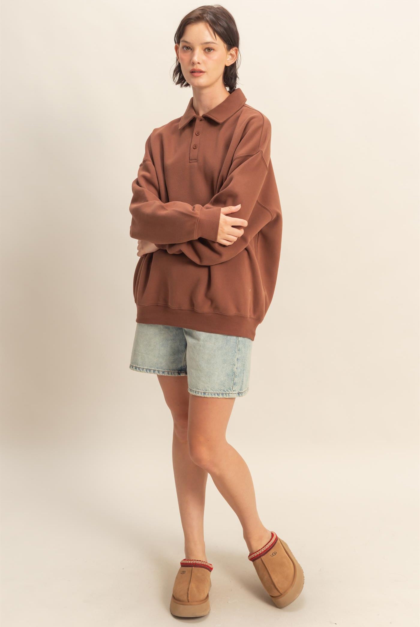 Wholesale Oversized Polo Collared Pullover Sweatshirts DZ25F074 CHESTNUT DOUBLE ZERO