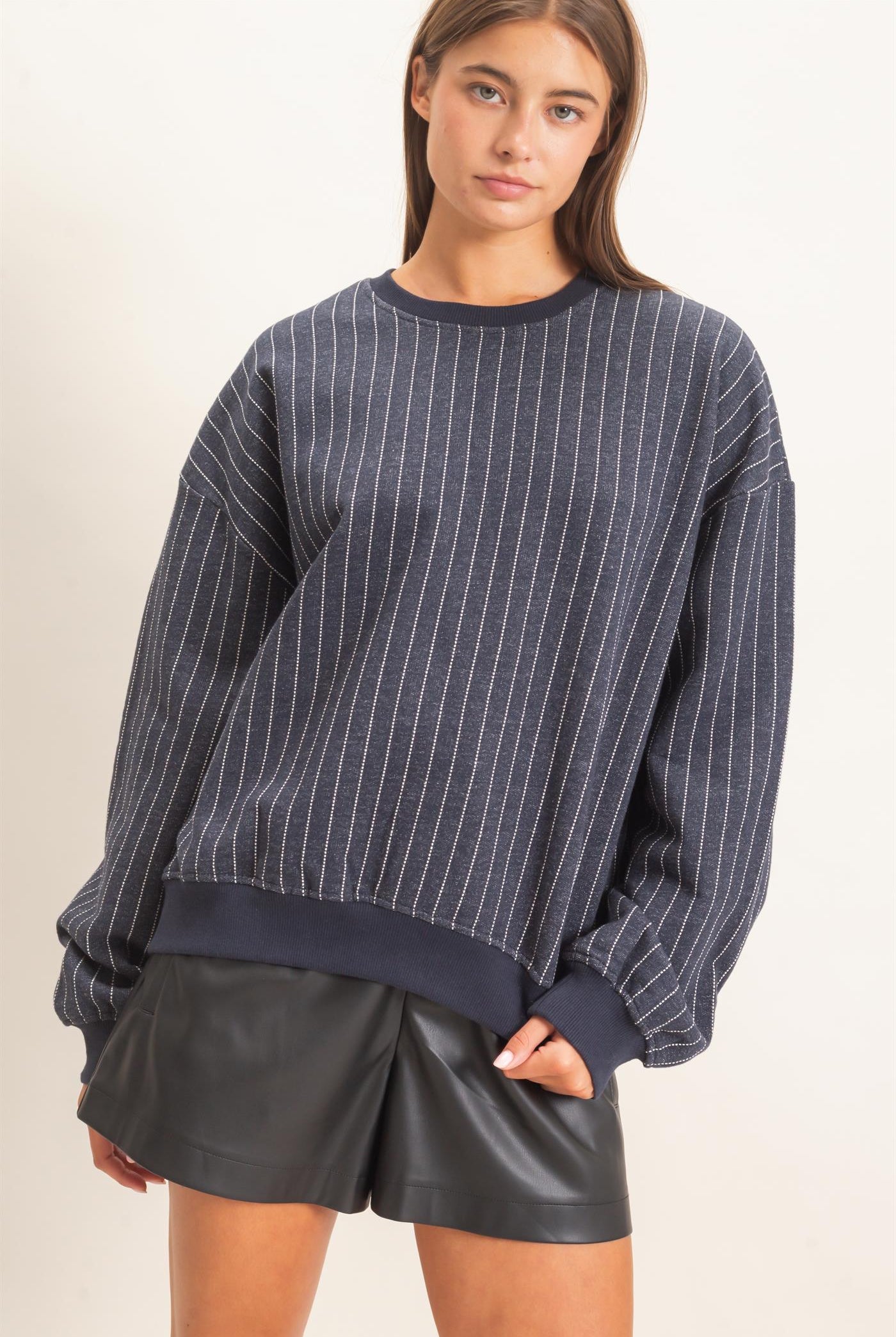 Wholesale Pinstripe Crew Neck Sweatshirt Sweatshirts DZ26E627 NAVY DOUBLE ZERO