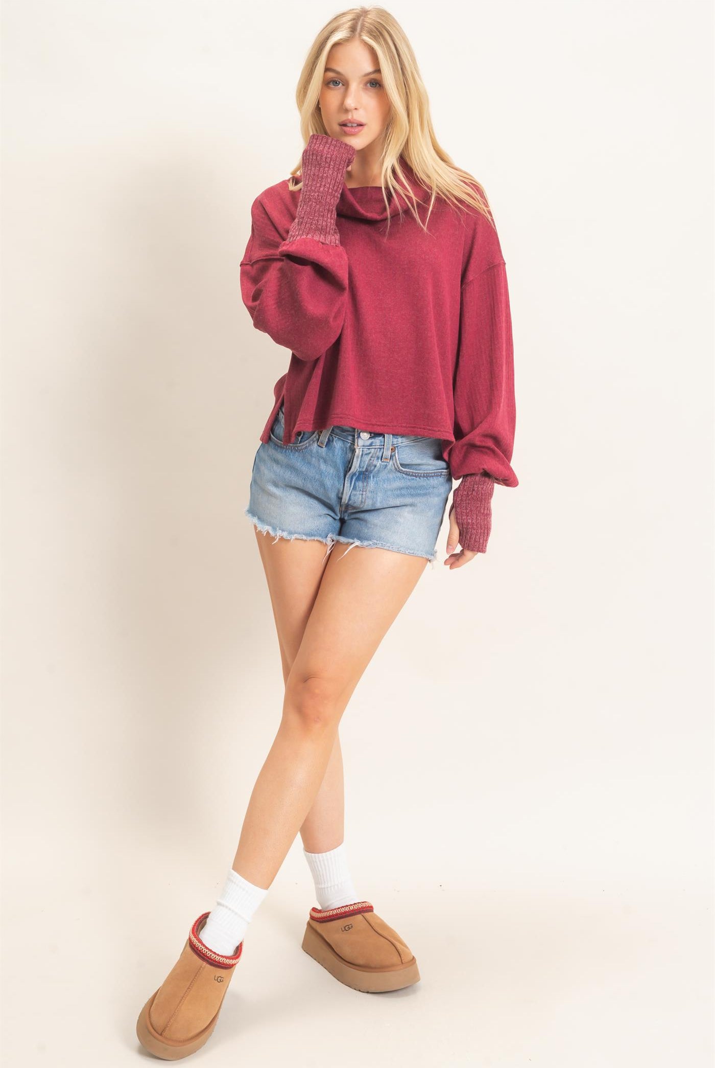 Wholesale Loose Turtleneck Long Sleeve Top Clothing Tops HF26F258 RED HYFVE