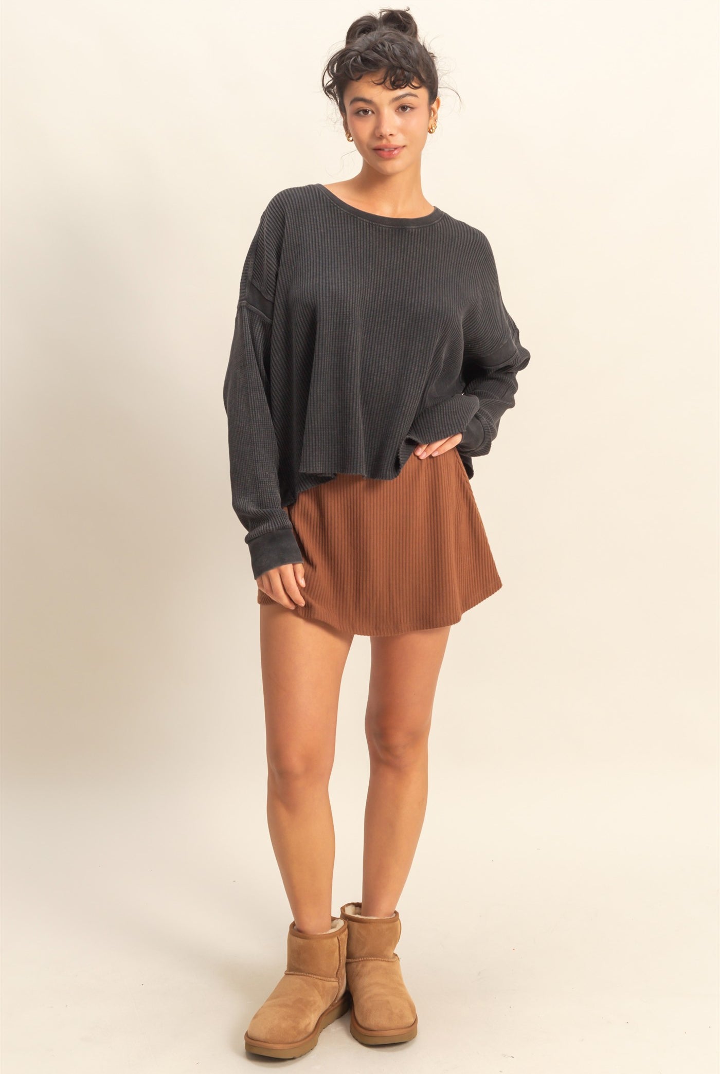 Wholesale Open Back Textured Knit Long Sleeve Top Clothing Tops DZ26A626 BLACK DOUBLE ZERO