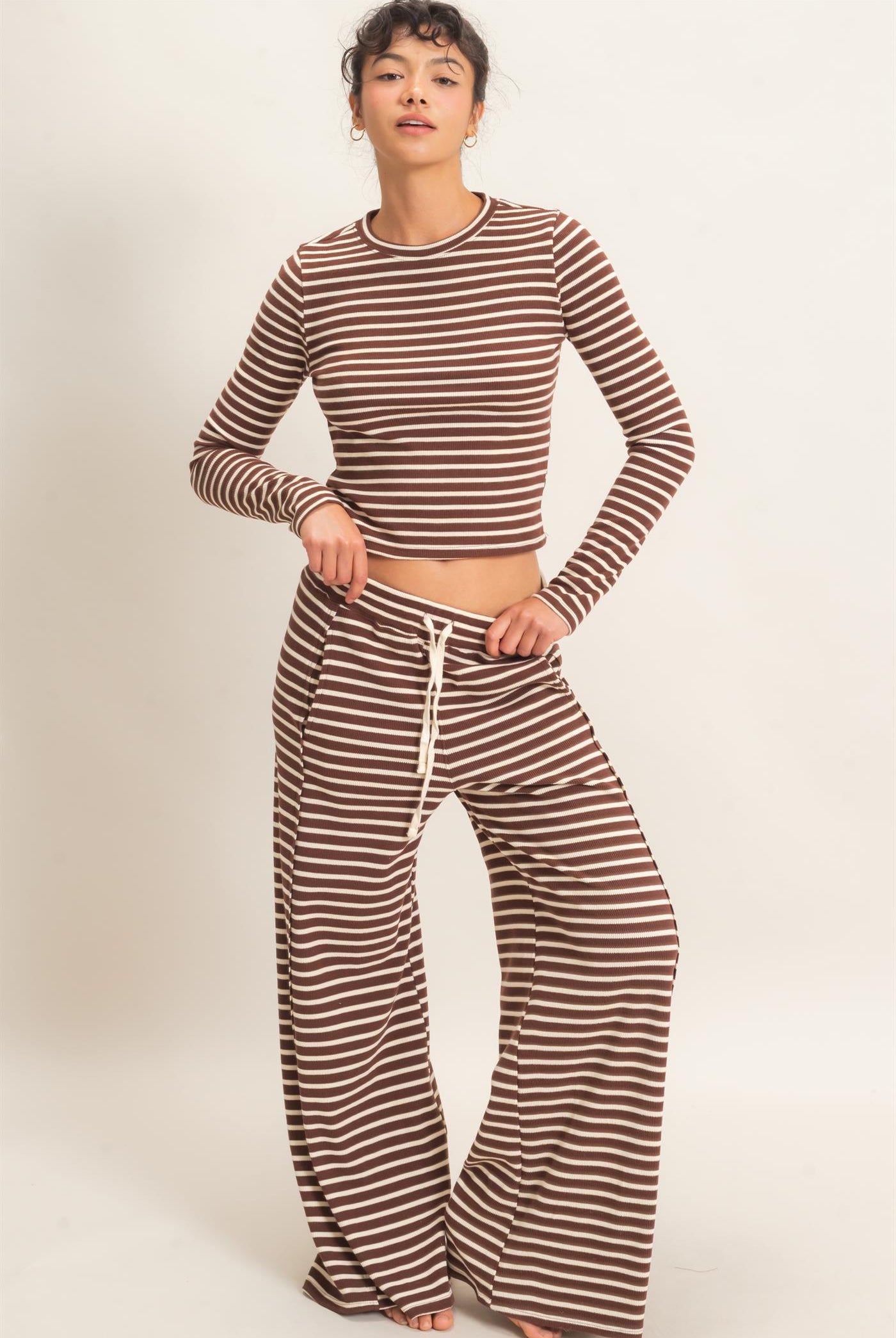 Wholesale Striped Waffle Long Sleeve Top & Pants Set Clothing DZ25F479-SET DARK BROWN DOUBLE ZERO