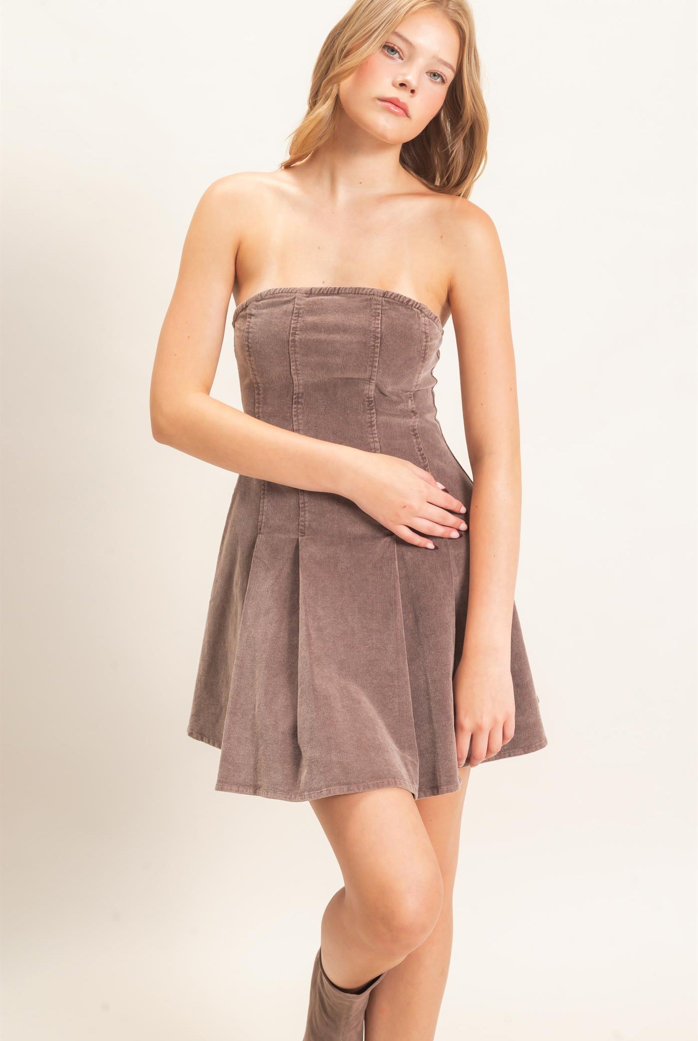Wholesale Strapless Mineral Wash Dress Dresses HF26F215 BROWN HYFVE