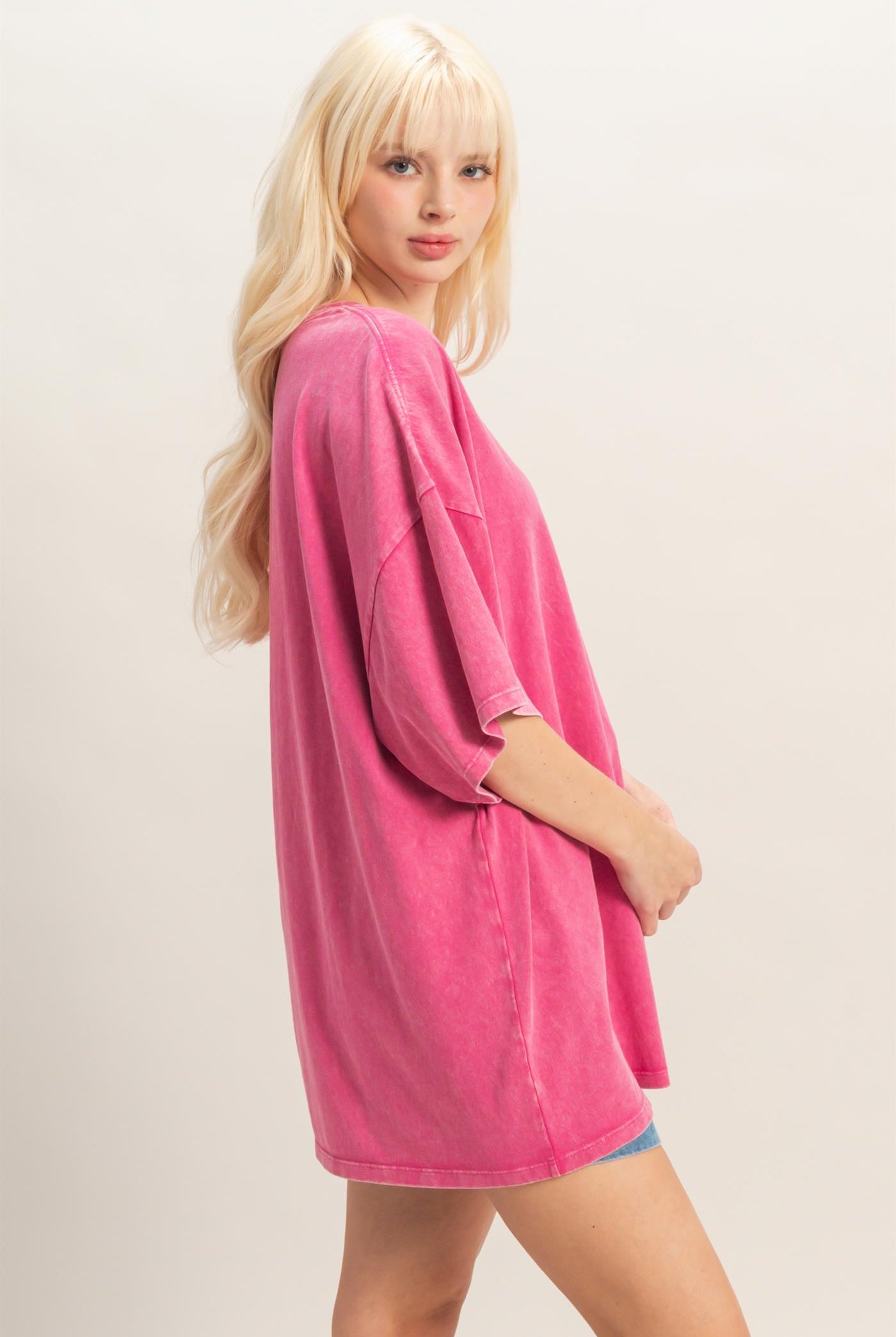 Wholesale Oversized Mineral Wash T-Shirt T-Shirts DZ26A031 FUCHSIA DOUBLE ZERO