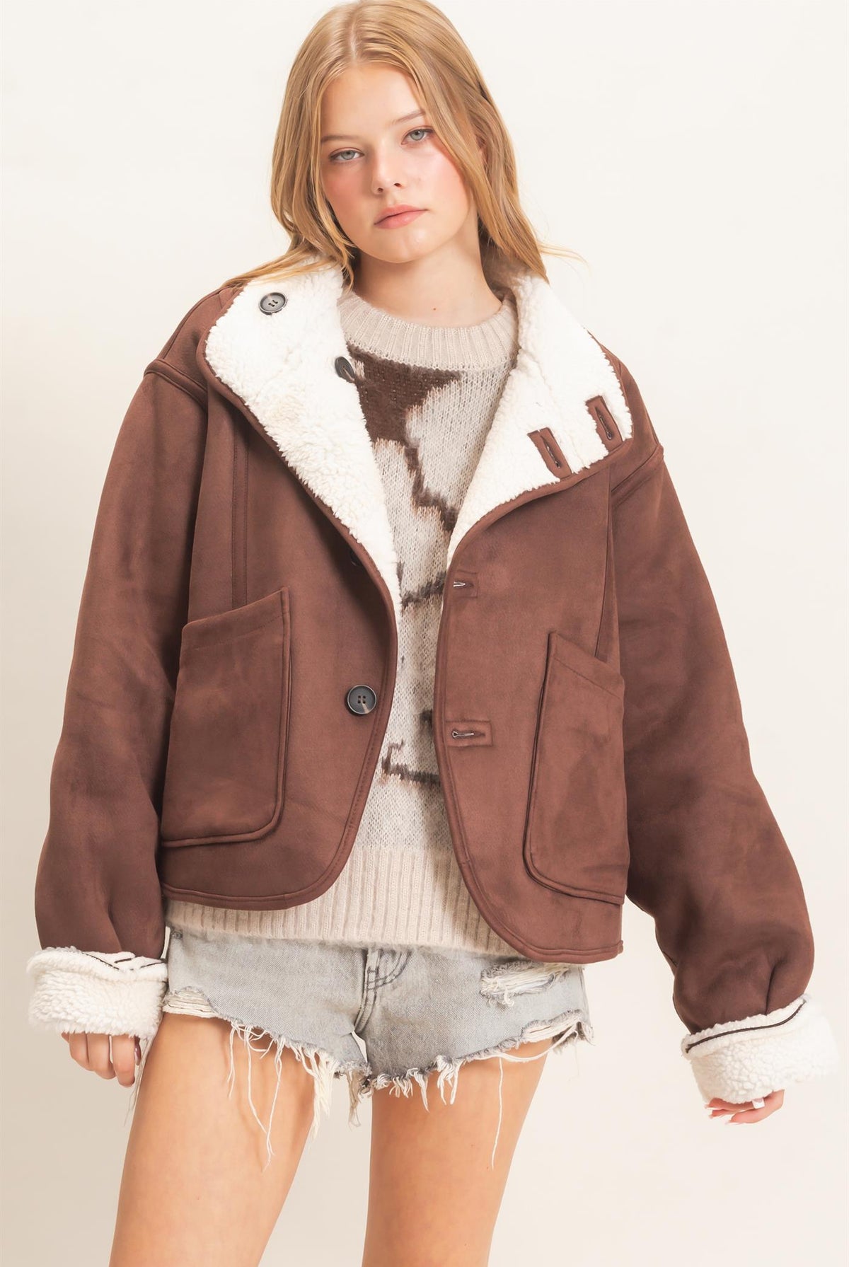Wholesale Reversible Faux Suede & Sherpa Jacket Coats & Jackets HF26E718 CHESTNUT HYFVE