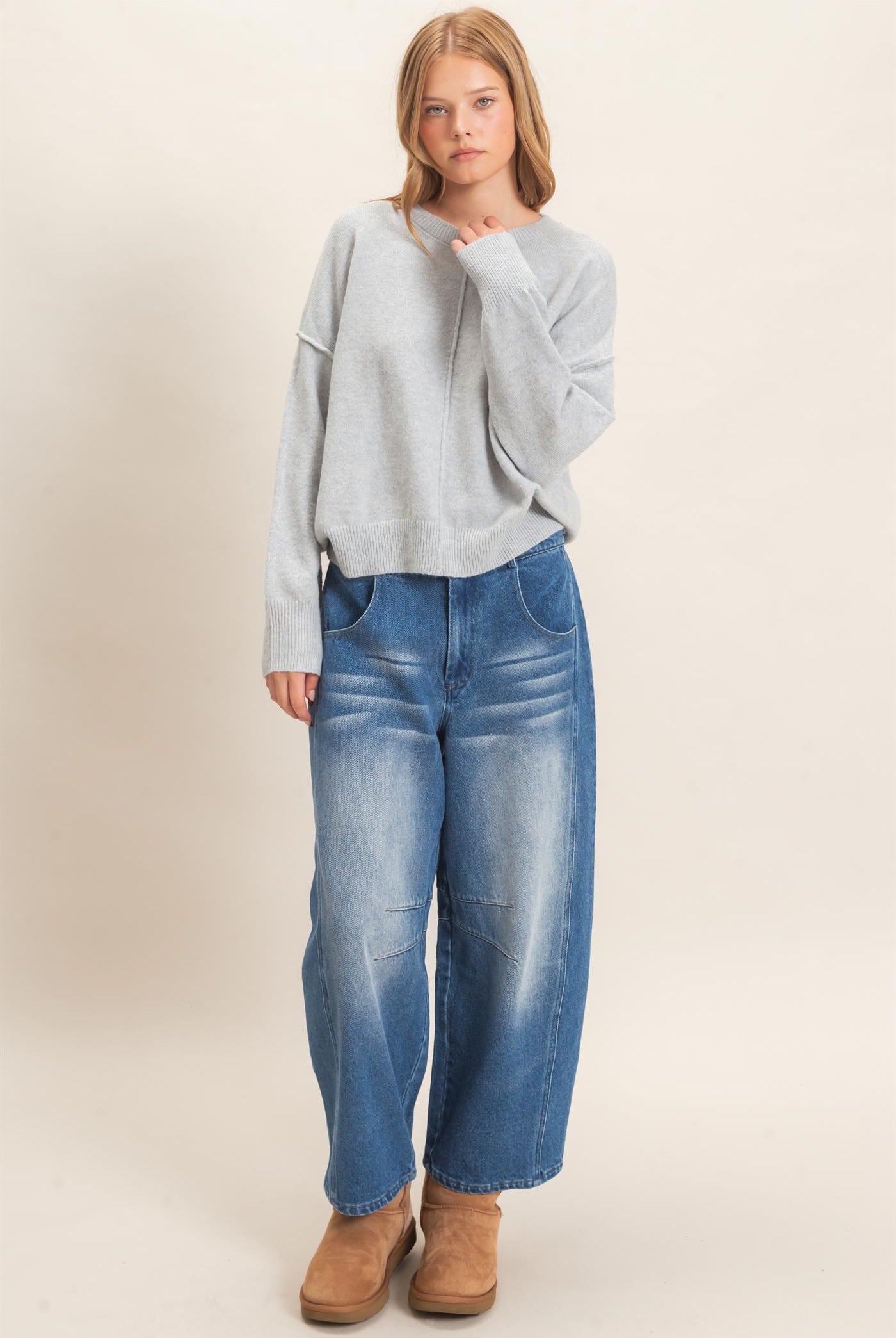 Wholesale Crew Neck Sweater With Ribbed Hem Sweaters HF26E203-D MISTY BLUE HYFVE